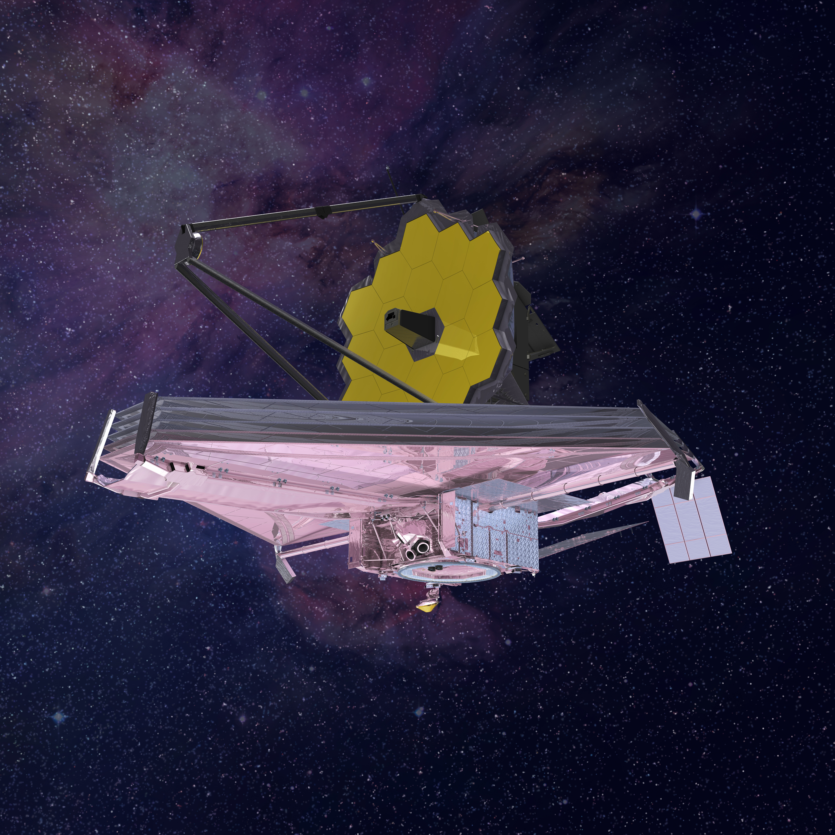 James Webb Telescope seen from its left (or port) side. This view shows part of the bottom of the telescope’s multi-layered sunshield, primary mirror, and mirror support struts.