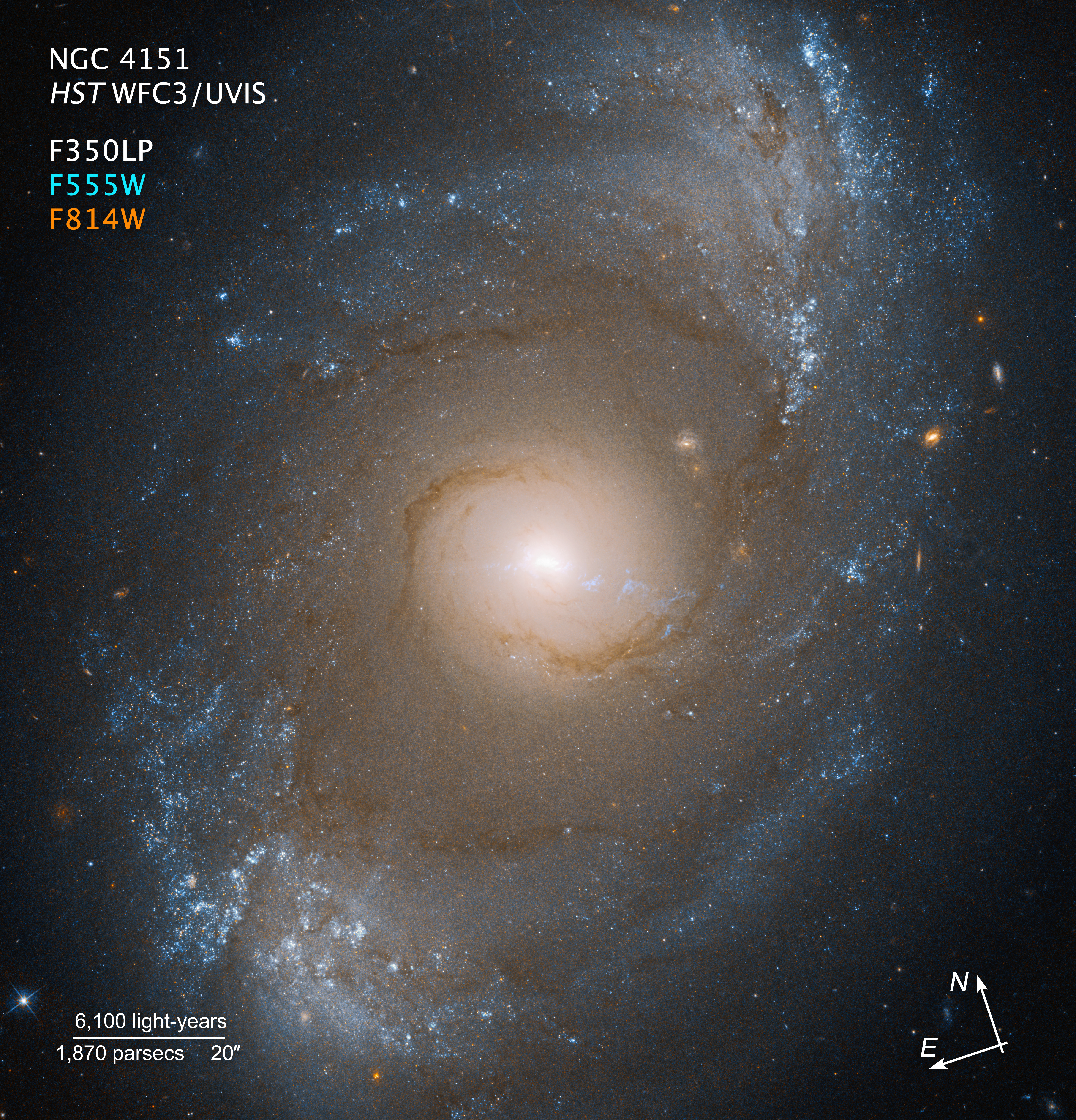 Annotated telescope image of a spiral galaxy with scale bar, compass arrows, and color key.