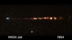 Text, "HH34 Jet 1994" beneath a telescope image of a a blue star with a jet of orangey brown