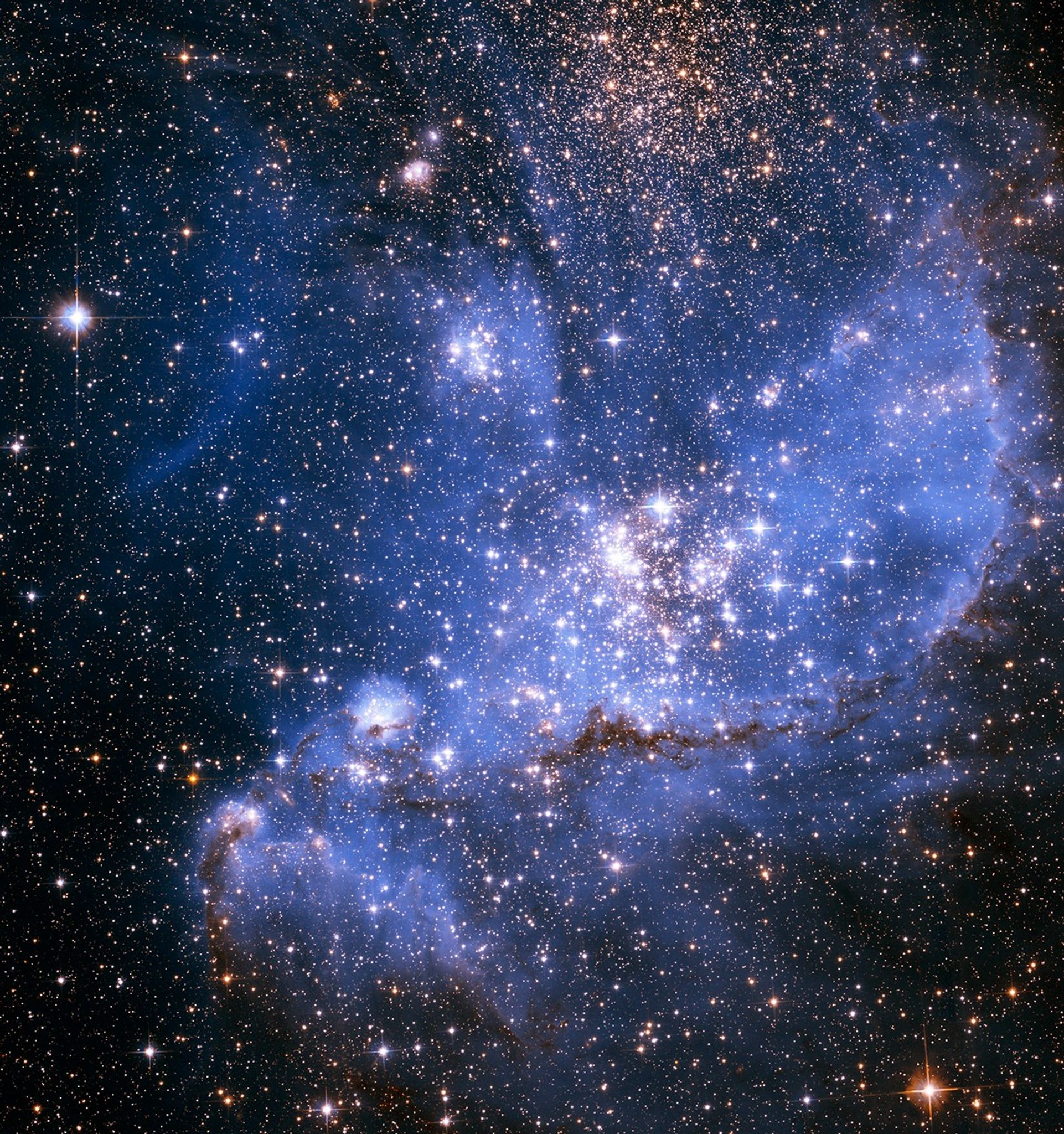 NGC 346 as seen by the Hubble Space Telescope. The nebula appears as a cloudy blue area that roughly extends from the upper right to the bottom left corner. Within the blue area are many bright, white newborn stars.