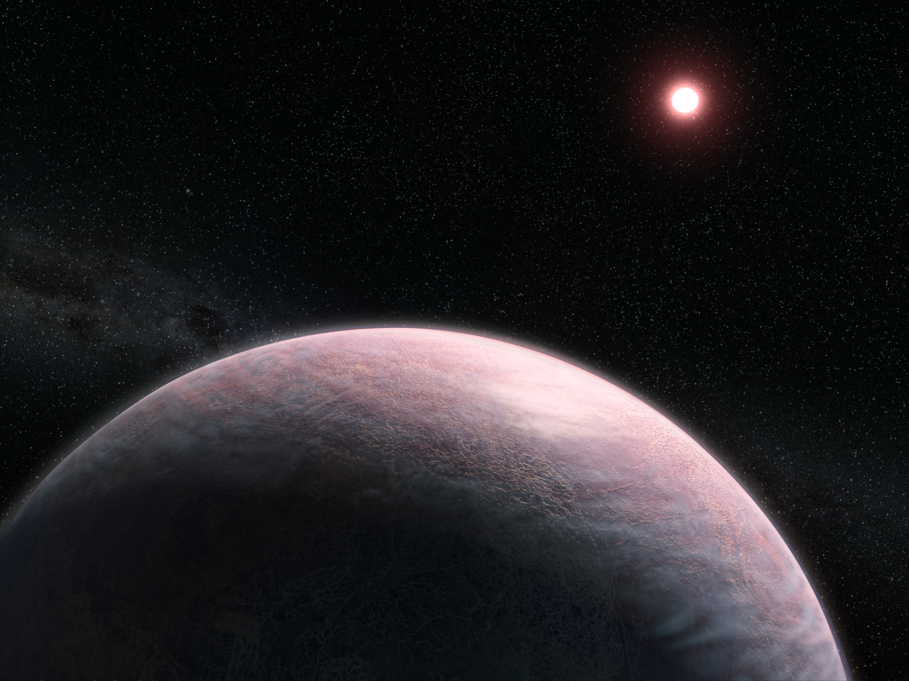 Illustration showing the top half of a rocky exoplanet against the black background of space. In the top right corner is a red dwarf star, represented as a bright circle with a red glow.