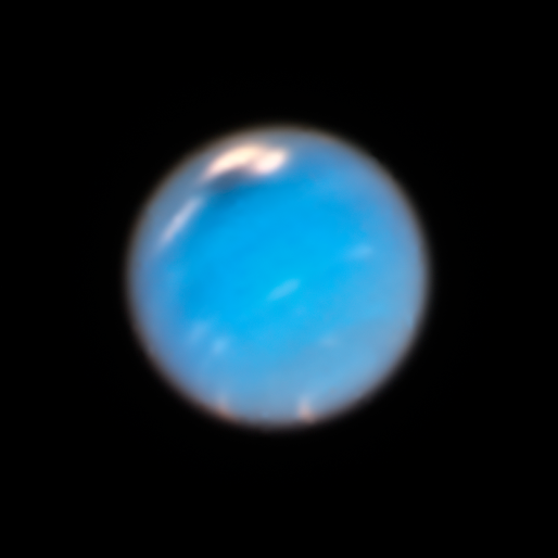 Neptune, a light blue sphere with two large, white clouds at the top, is set against the black background of space.