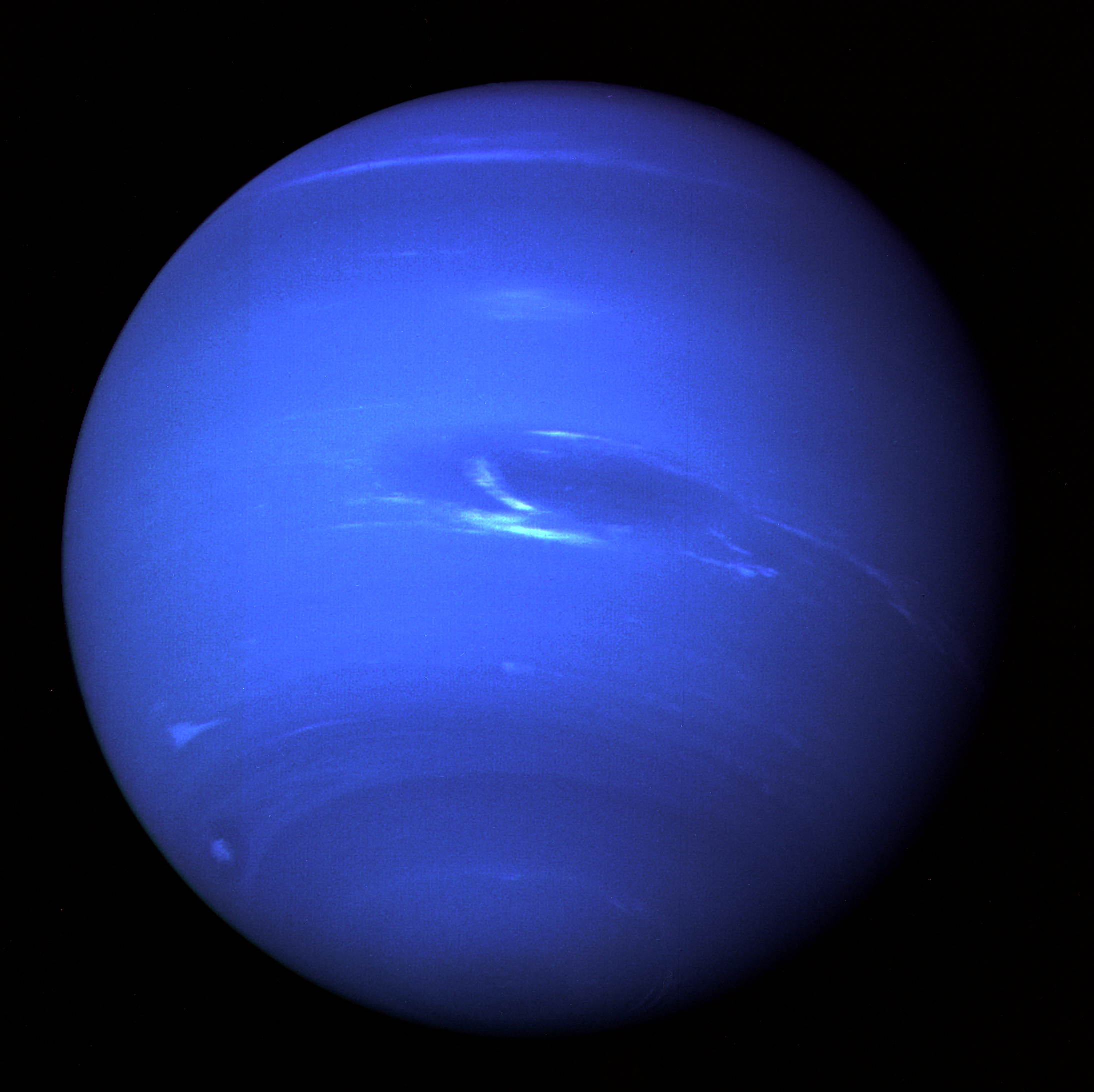 Neptune, a medium blue sphere with lighter blue bands of clouds and swirls of light blue at the center.