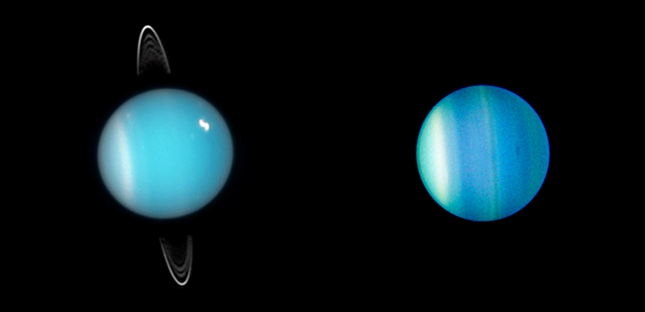 Side-by-side telescope images of a greenish blue spherical object with rings on the left and without rings on the right.