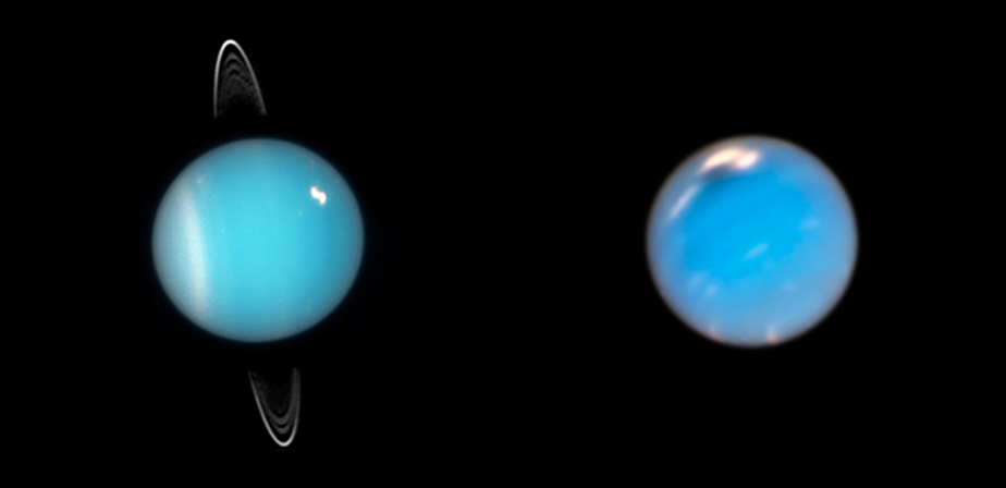 Side-by-side telescope images of a greenish blue spherical object with rings on the left and a bluer sphere without rings on the right.
