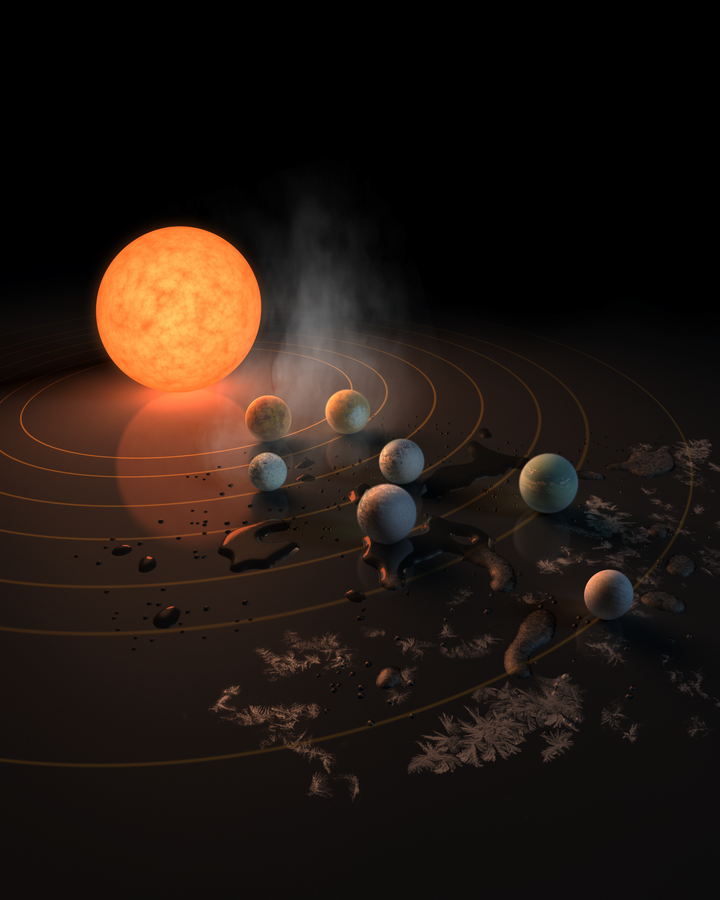 Artist's concept of seven rocky exoplanets within the Trappist-1 system and their host star.