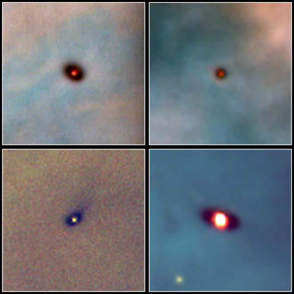 Four telescope images, at the center of each is a bright circular or oval-shaped object surrounded by a dark halo.