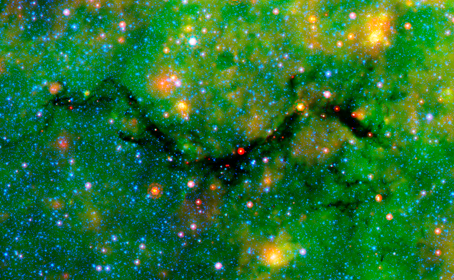 Telescope image showing a black serpentine structure on a background of green.