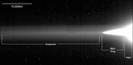 Labeled grayscale image shows Jupiter’s main ring and halo in white at right. Its gossamer ring extends fully to the left side as a hazy, horizontal band.