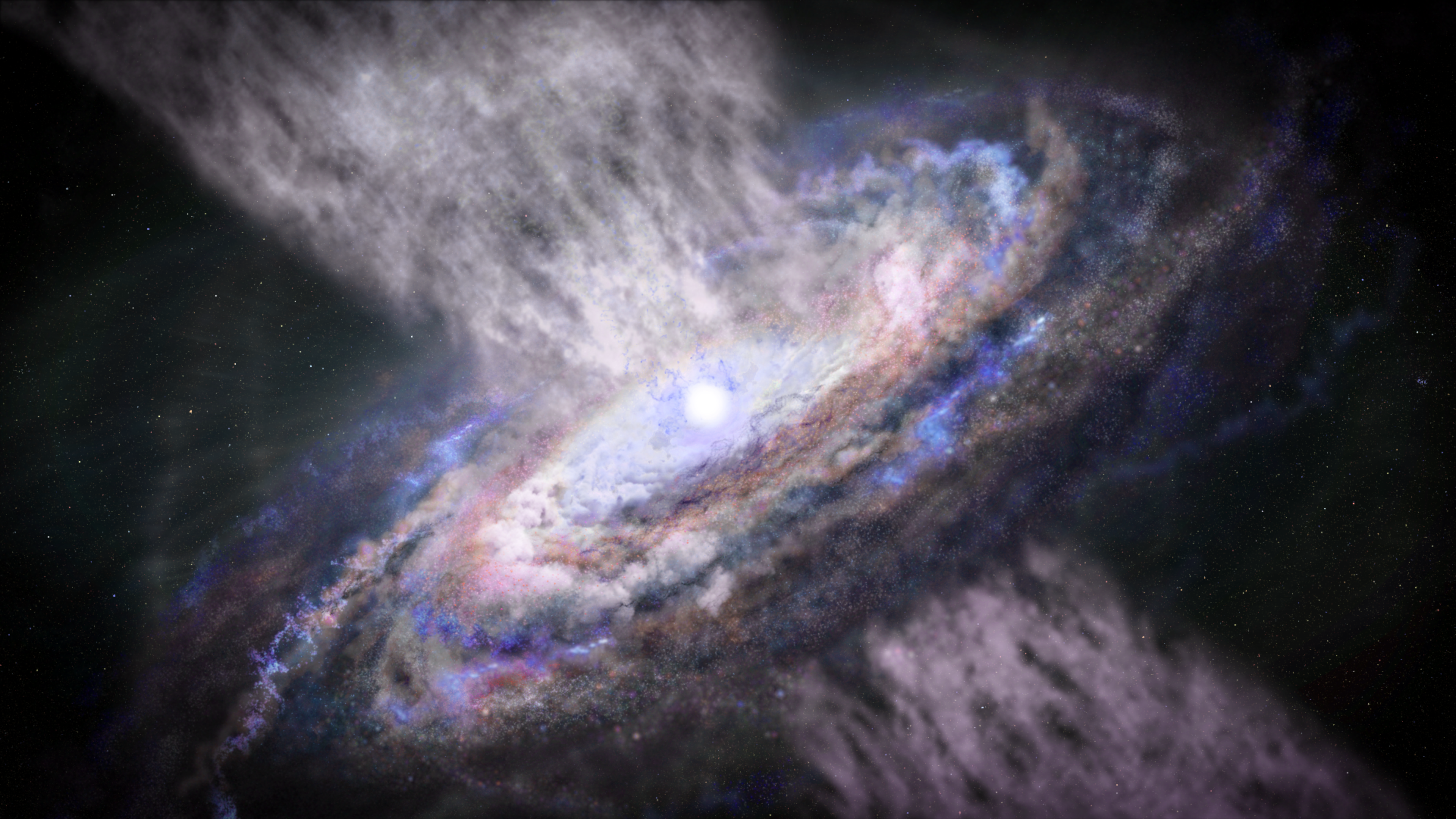 A disk with blue, light blue, and white swirls extends at an angle from bottom left to top right. The disk’s central region is bright white. From that area, two wide, diffuse jets of gas extend in opposing directions, to the top left and lower right. The background is black.
