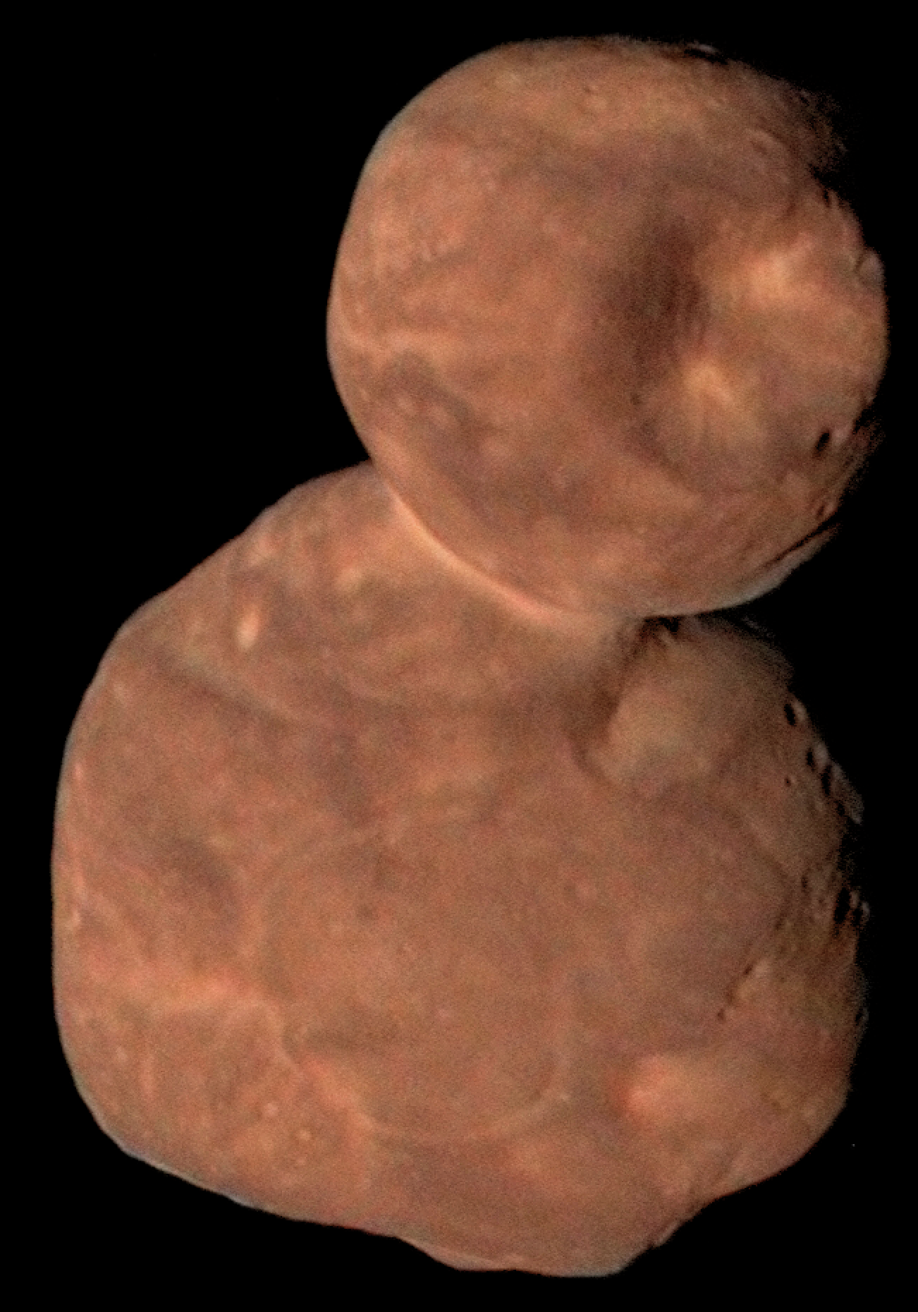 Against the black background of space are two orange-brown rocks with indents across their surface, looking like a headless snowman with a large base and a smaller mid-body top.