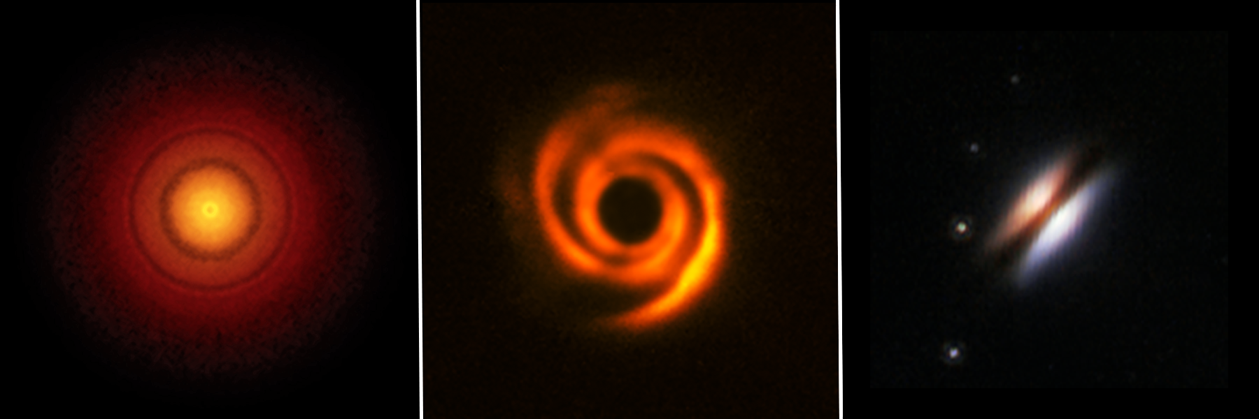 Three square images with black backgrounds are displayed horizontally. At far left is a fuzzy orange circle that represents a protoplanetary disk. The second image has a large black circle at the center. Two primary, orange spiral arms extend from a circular shape at the center and become diffuse at the edges. At the center of the image on the right are two flat oval shapes that are angled from bottom left to top right.