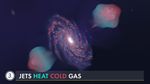 Illustration of a spiral galaxy with pink and blue jets shooting out in opposite directions from the galaxy's center