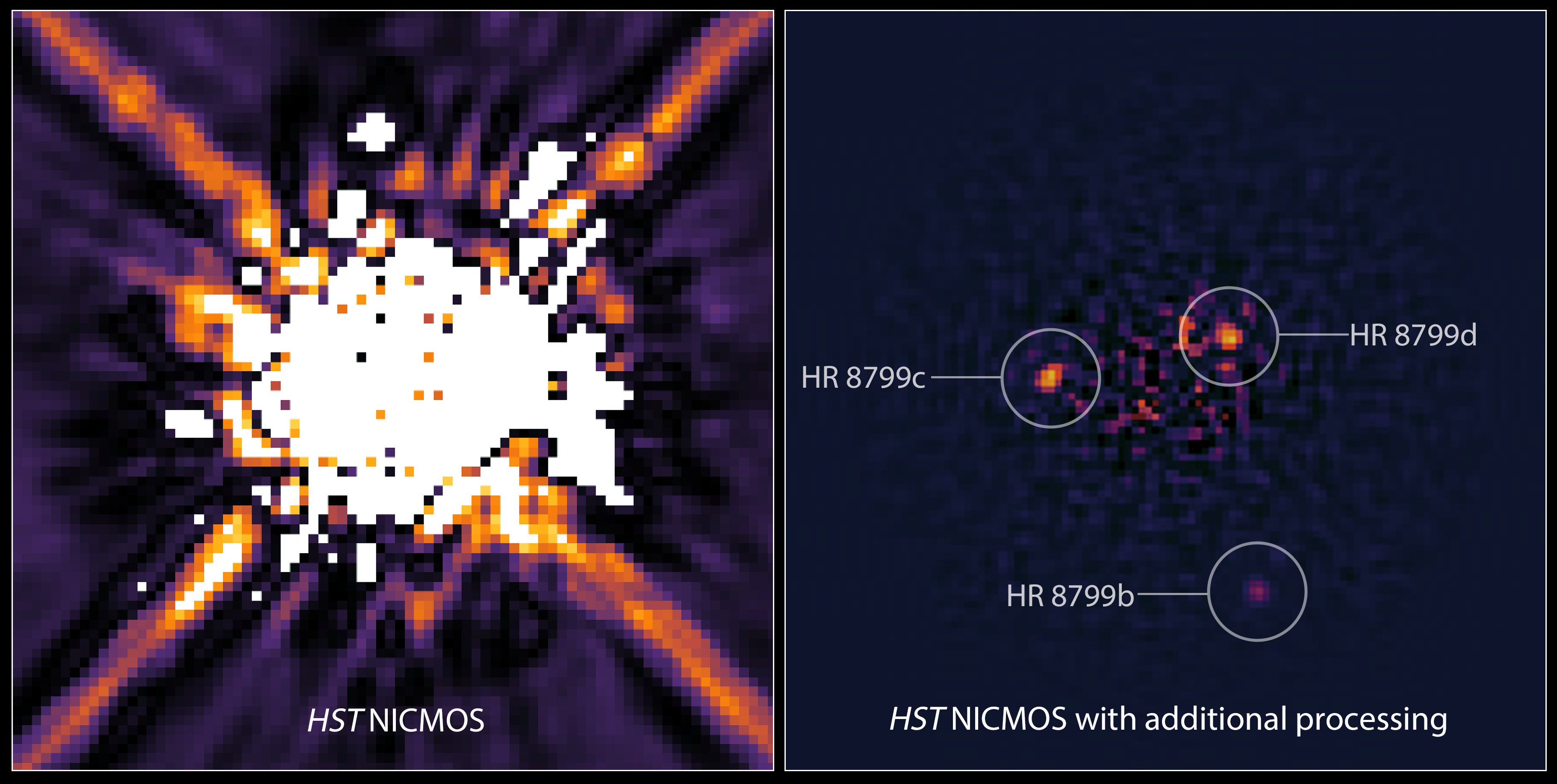 Side-by-side annotated coronagraphic telescope images showing the locations of exoplanets orbiting a star