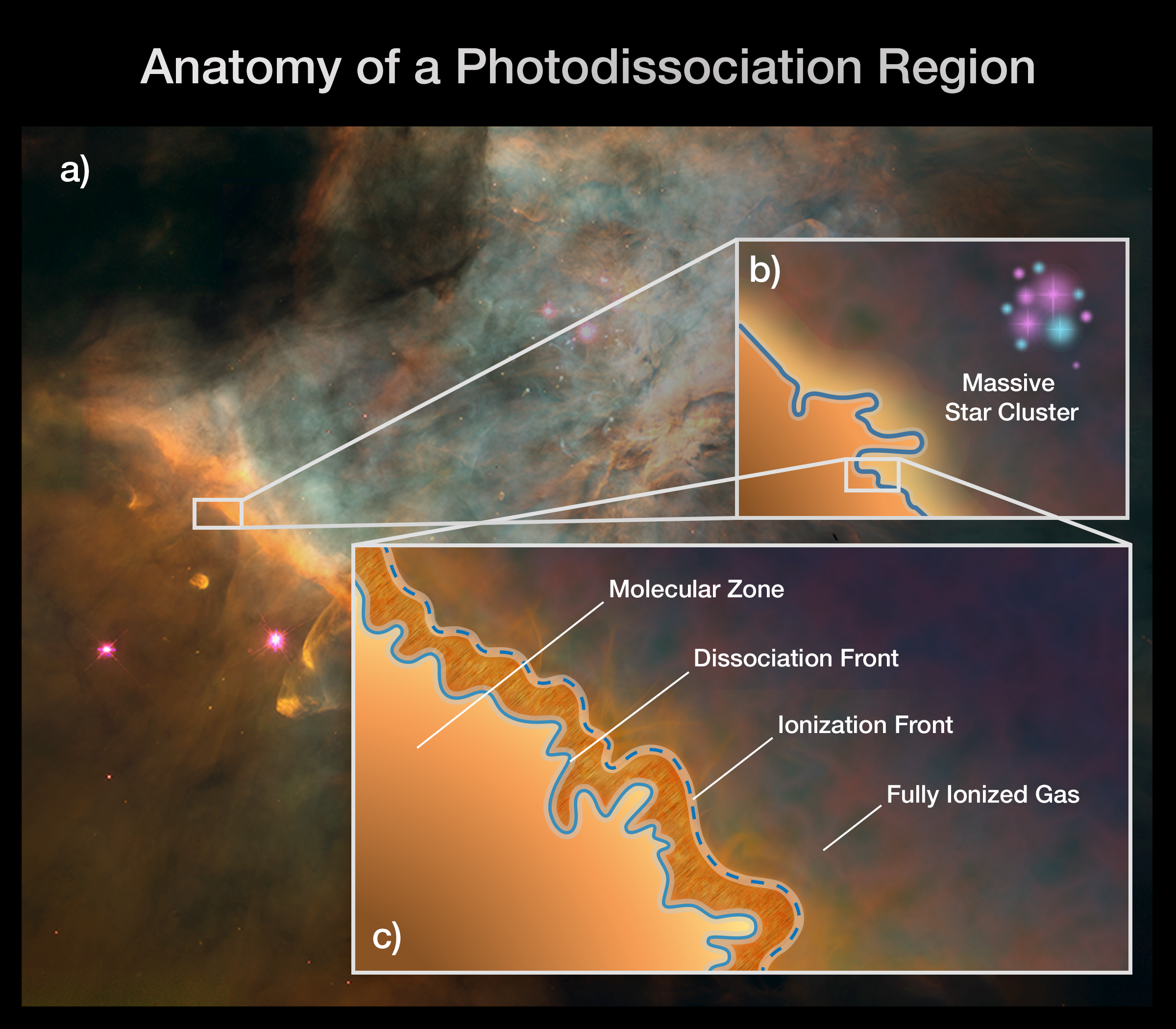 The main image, labeled "A," takes up almost the entire frame and shows a stellar nursery within the Orion Nebula, a region filled with gas, dust, and massive, young stars. The area is clouded with orange, gray, and blue-green dust and gas. It is punctuated with bright pink and orange clusters of massive, young stars. The main image is overlaid with a small white box toward the left, which connects to a box labeled "B" toward the top right. Box B illustrates a massive star-forming region whose blasts of ultraviolet radiation are affecting a photodissociation region. A small white box highlights an area within Box B, which connects to a box labeled "C" in the bottom right. Box C zooms in on a photodissociation region to depict its four distinct zones. Select View Description for more details.