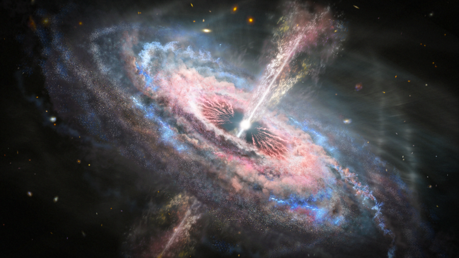 Artist’s concept of an active galaxy with a brilliant quasar against the black background of space.