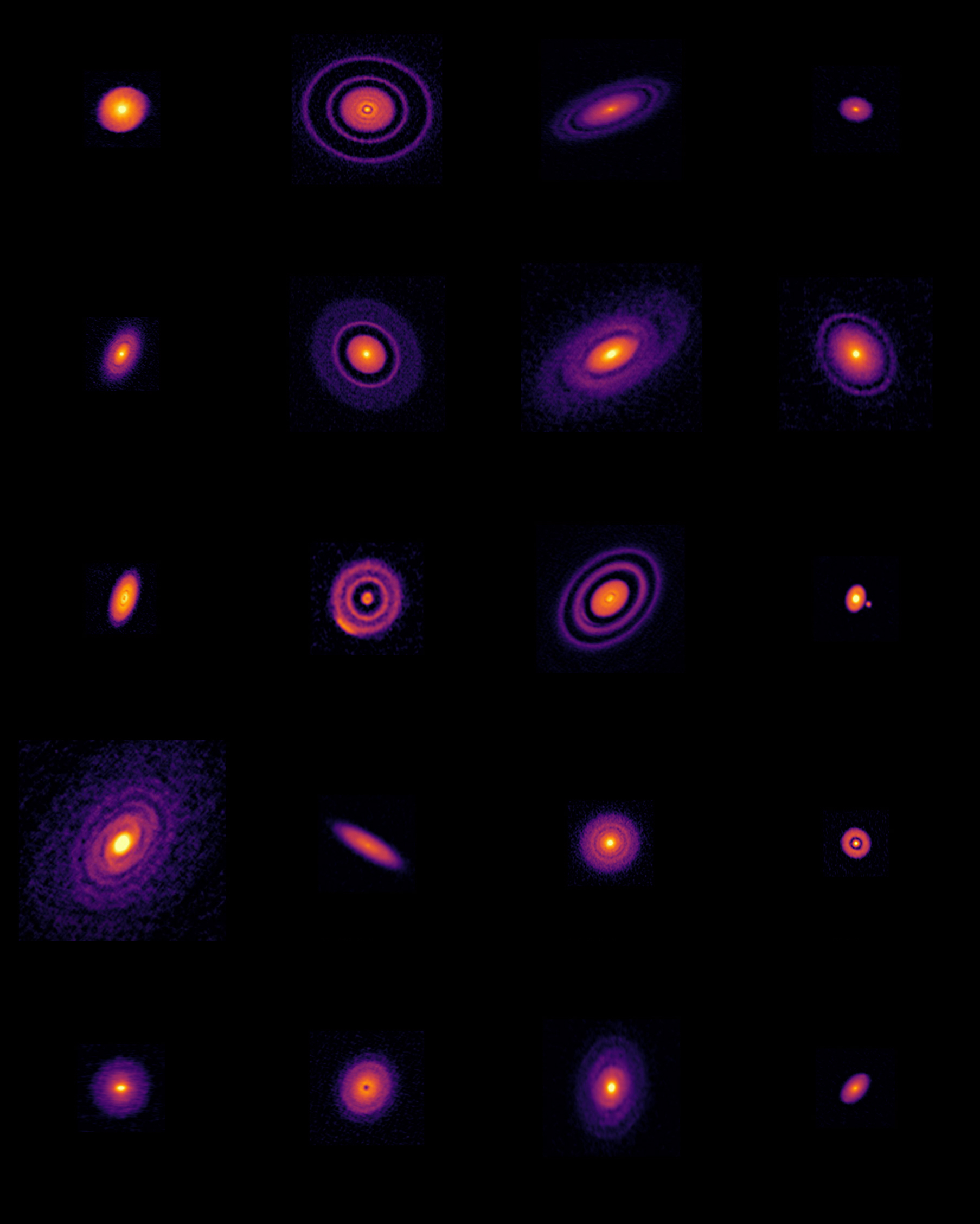 Twenty protoplanetary disks are arranged in a grid, five vertical rows by four horizontal columns.