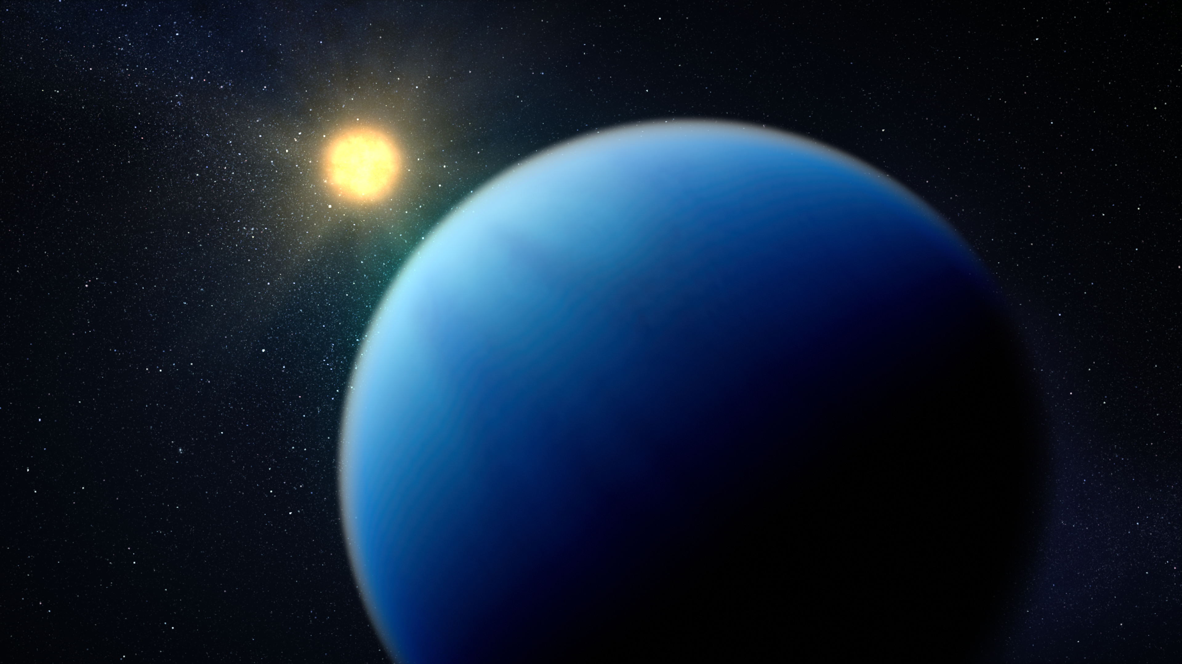 Illustration of a bright yellow star and a blue gas giant planet with no obvious patterns or structure