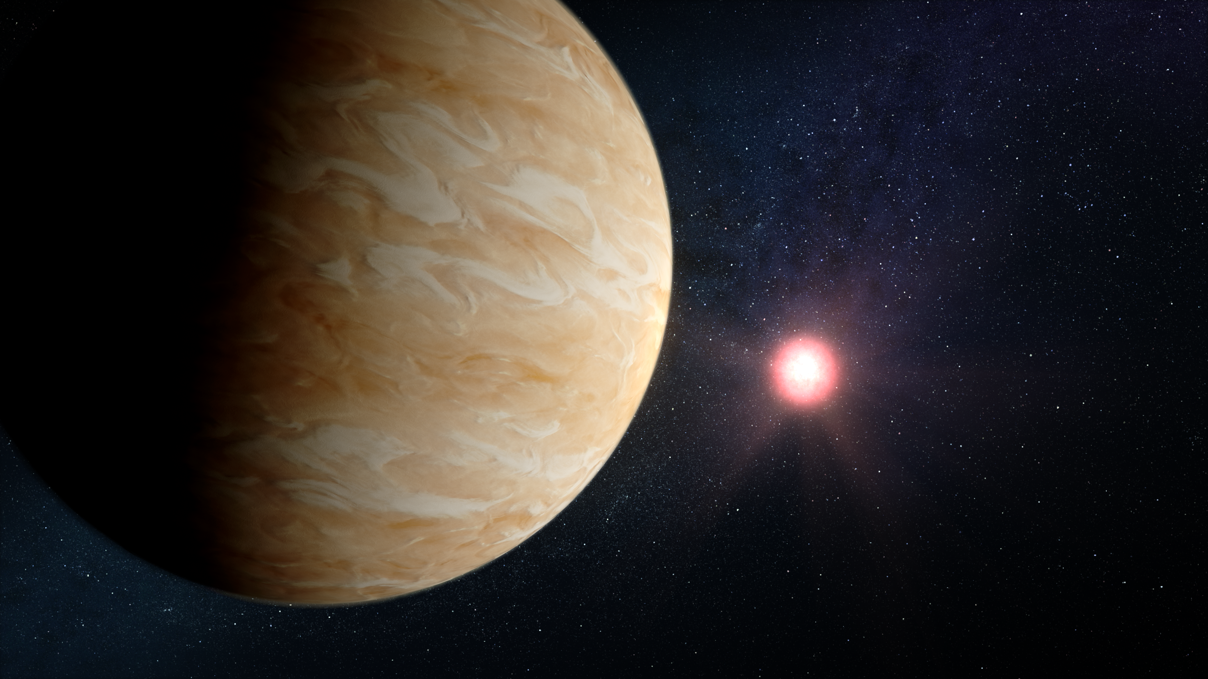 Illustration of a reddish-orange star and a tan and orange-brown planet with swirl patterning.