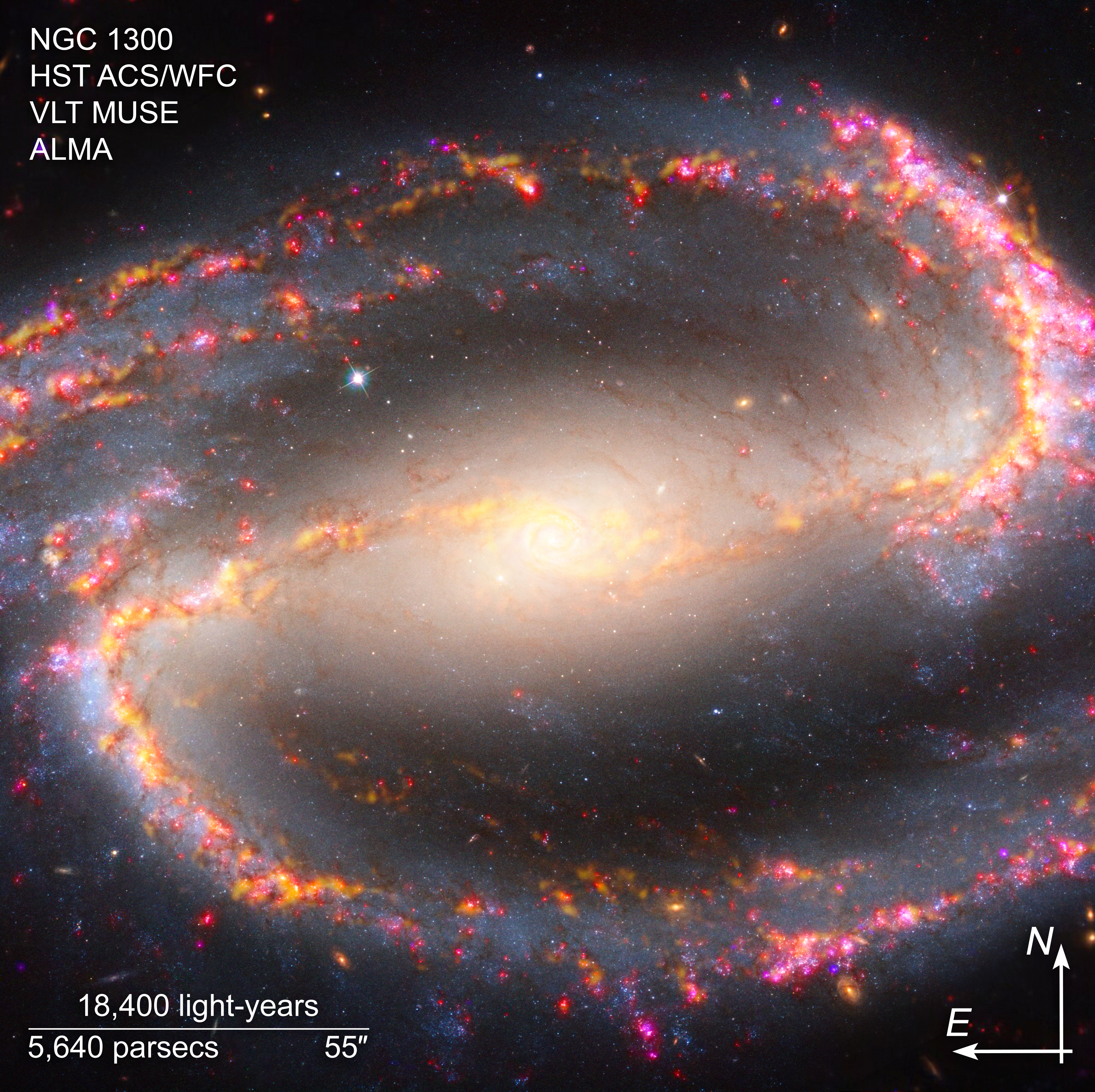 Annotated telescope image of a spiral galaxy with scale bar, compass arrows, and color key.