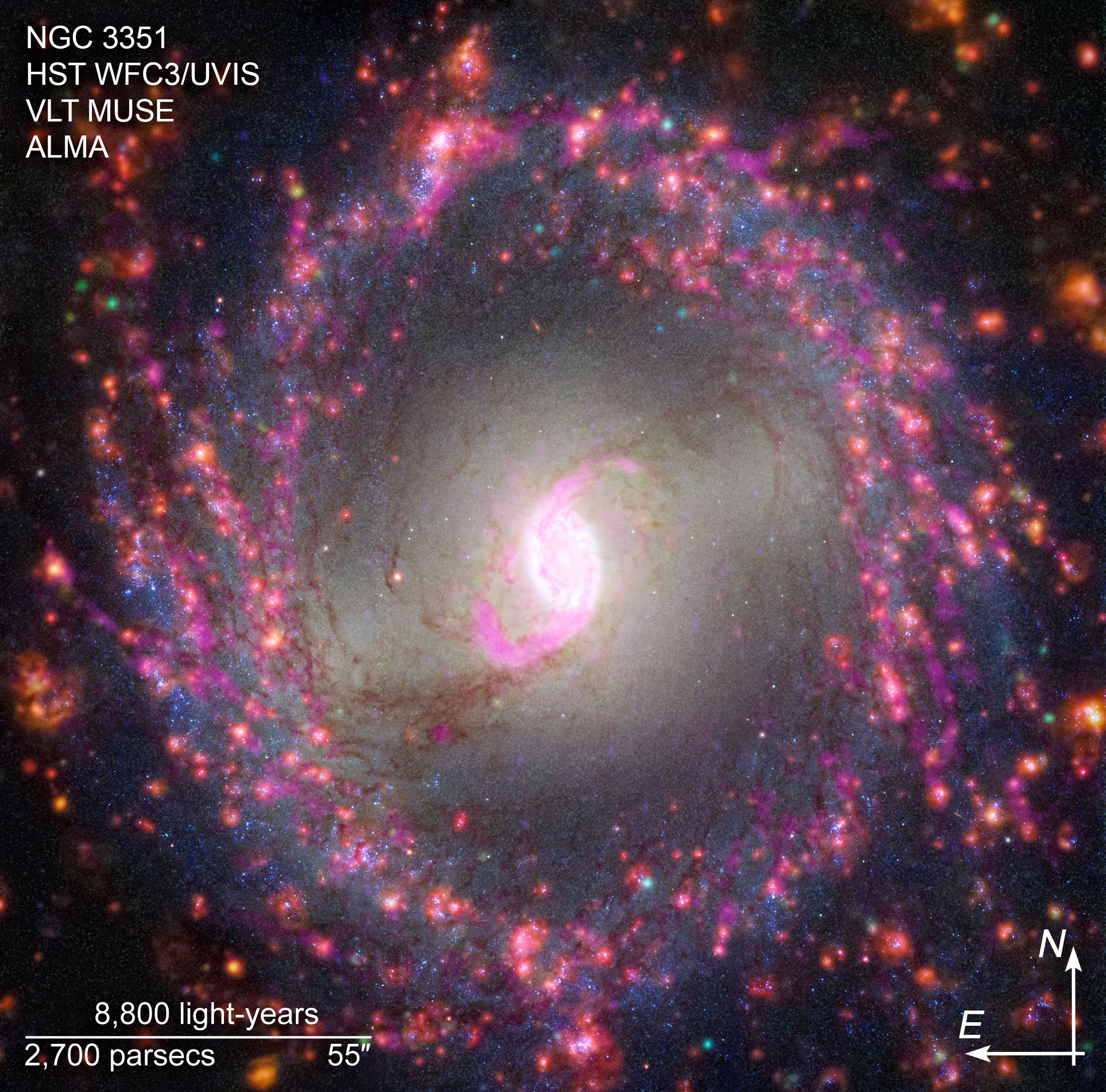 Annotated telescope image of a barred spiral galaxy with scale bar, compass arrows, and color key.