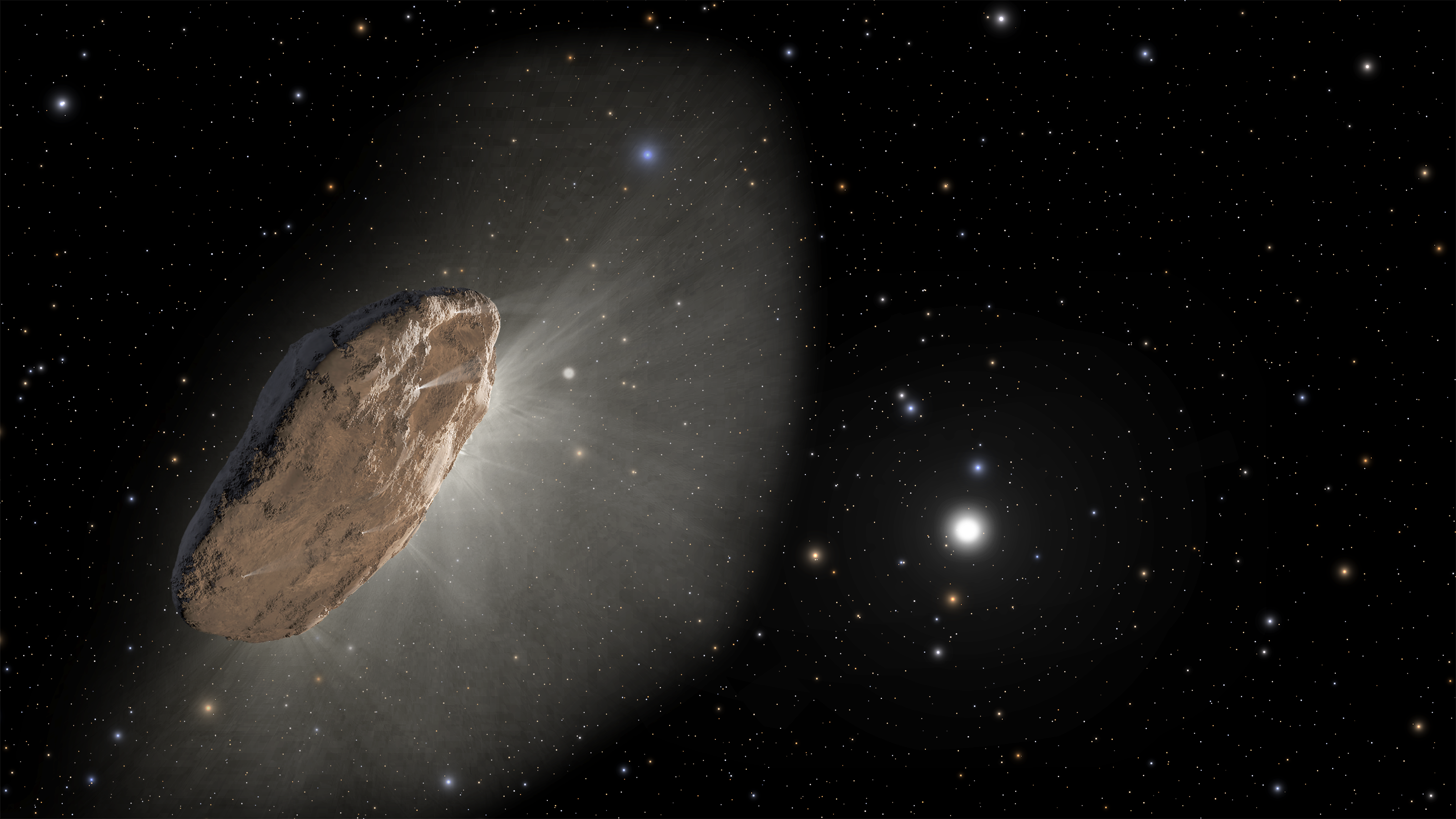 Illustration of a large, brown, oblong rock in space with thin jets of gas venting from the surface