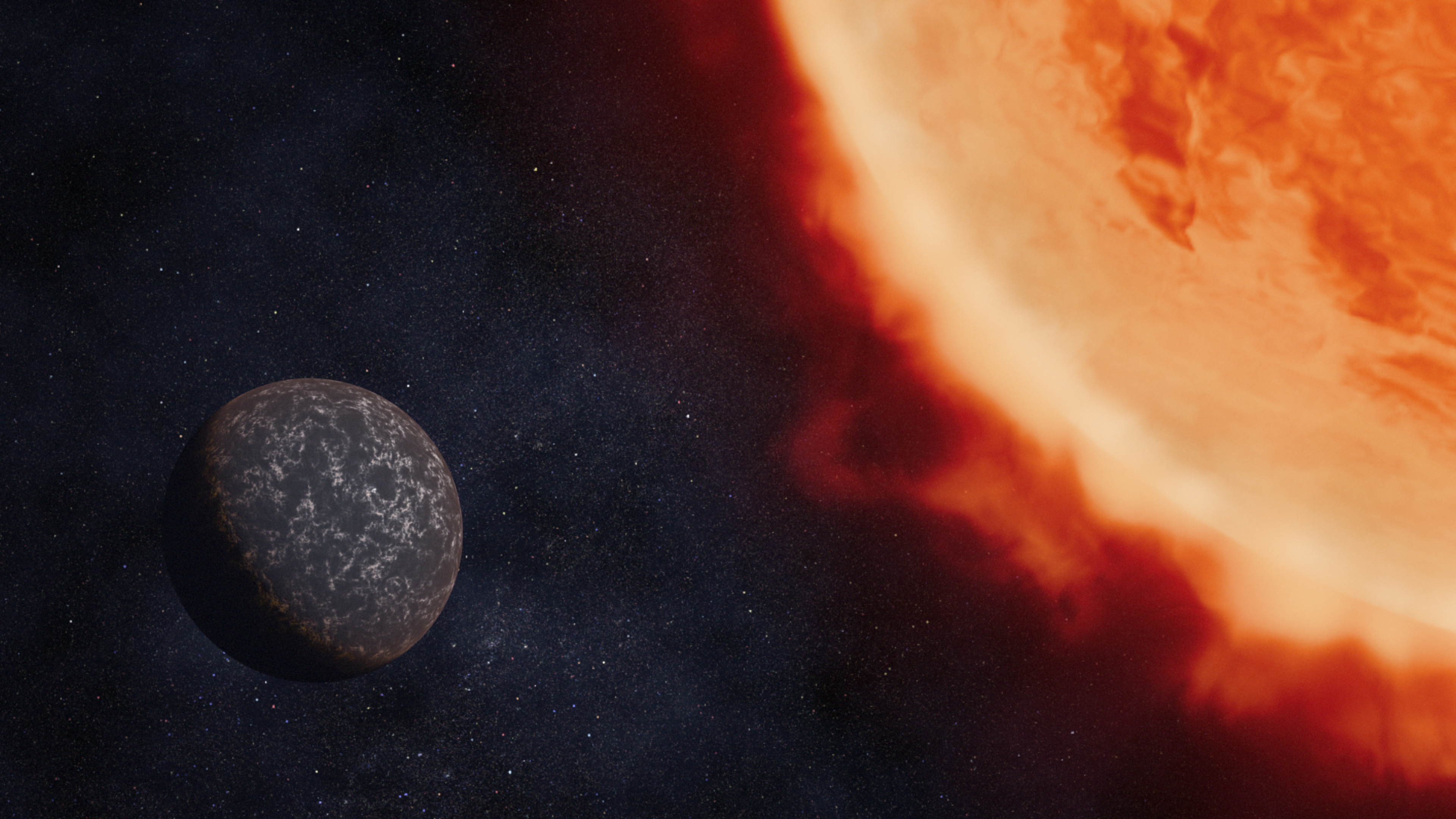Illustration of a planet with a dark and light gray mottled surface moving out from behind its star.