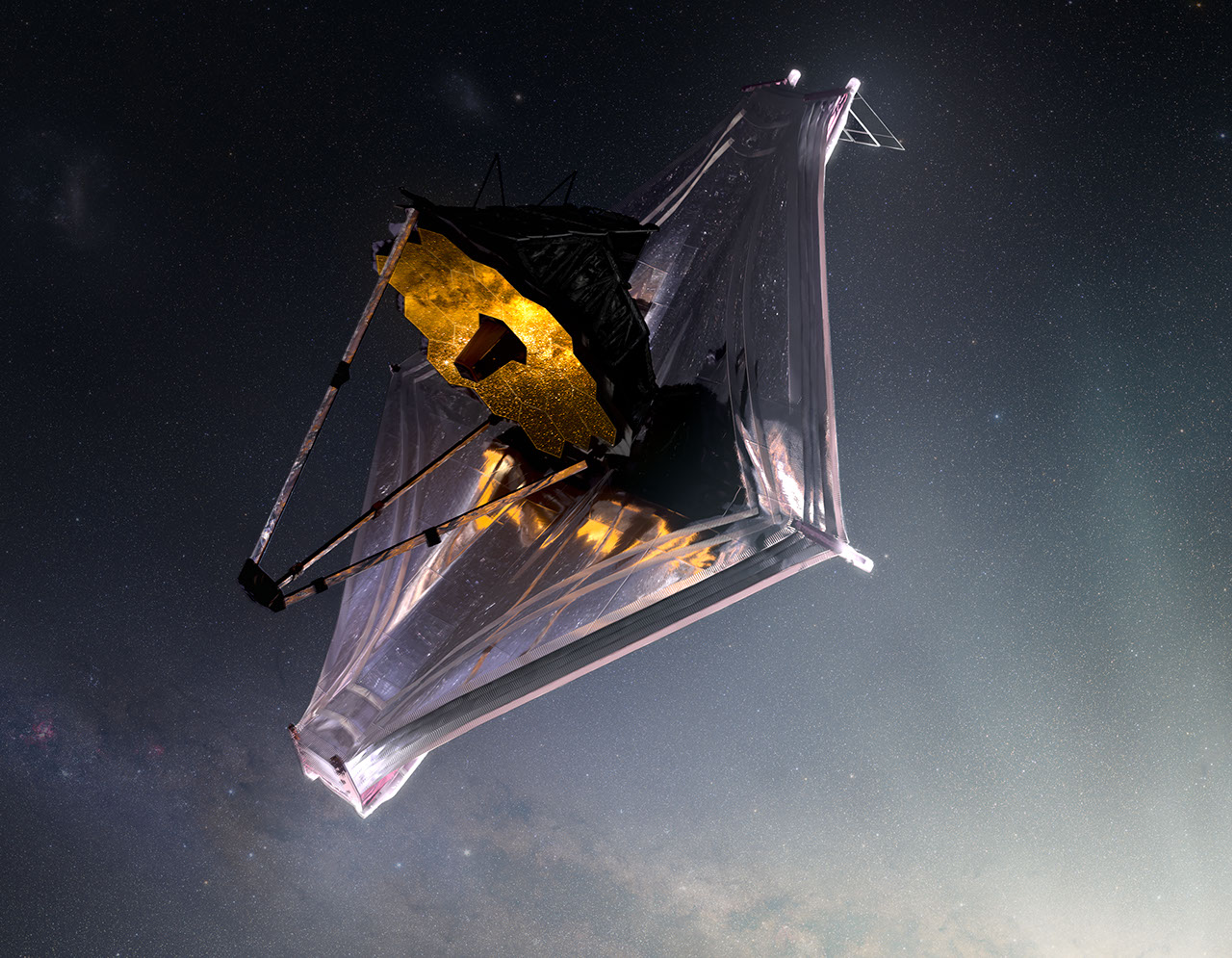 Artist's concept of the James Webb Space Telescope, seen angled from top to bottom. This view shows part of the top of the telescope's multi-layered sunshield, its primary mirror, mirror support struts, and much more.