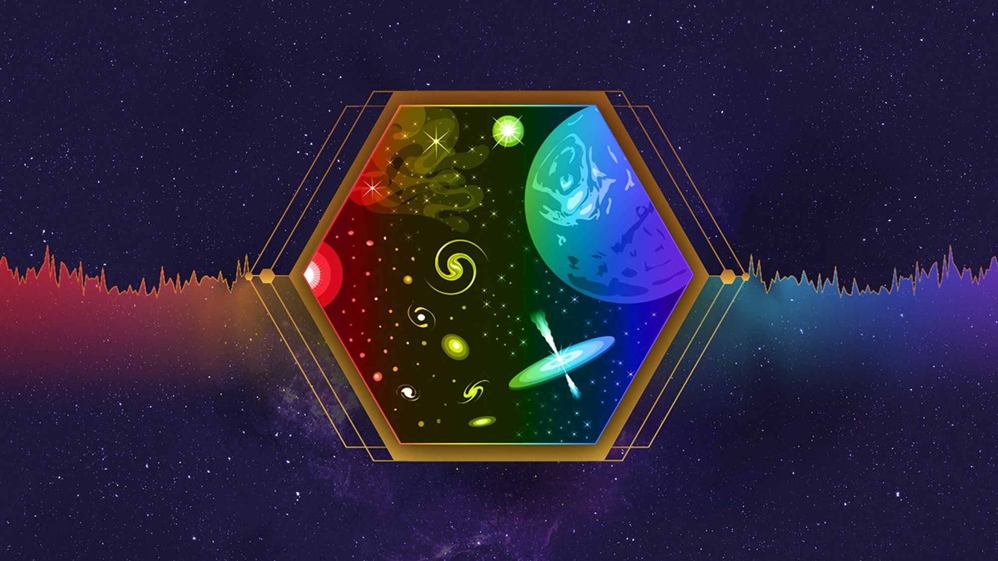 Colorful illustration representing various aspects of Webb science: deep blue with scattered points of light of different size and brightness; a jagged line representing a light spectrum; a hexagon filled with shapes representing objects and materials at different distances and points in time, including stars, planets, galaxies, nebulae, and black holes.