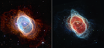 Colorful side-by-side images show the near-infrared (left) and mid-infrared (right) light of a planetary nebula with shells of glowing cloud-like material illuminated by central stars.