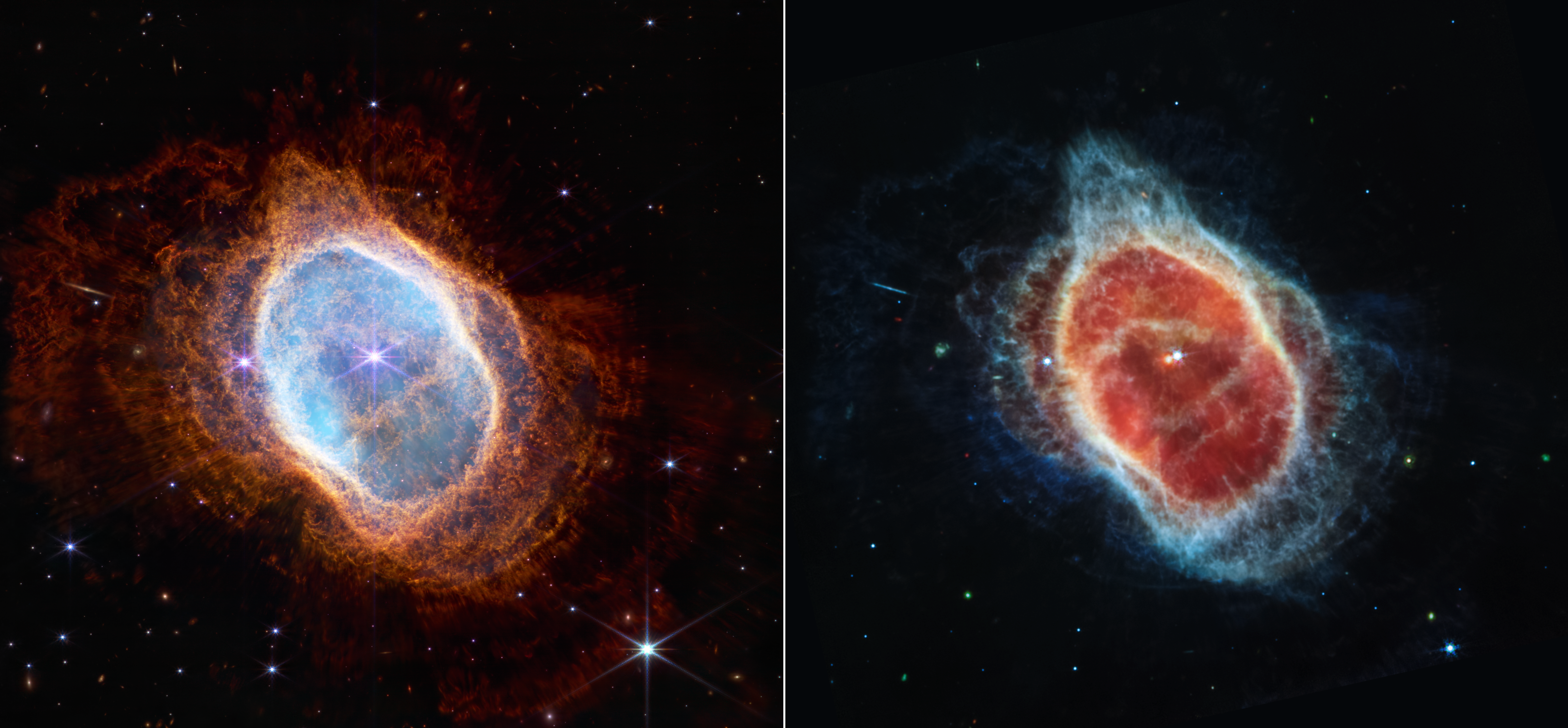 Colorful side-by-side images show the near-infrared (left) and mid-infrared (right) light of a planetary nebula with shells of glowing cloud-like material illuminated by central stars.