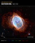 Colorful image of near-infrared light from a glowing cloud with a distorted ring-like shape, illuminated from within by a bright star, with compass arrows, scale bar, and color key.