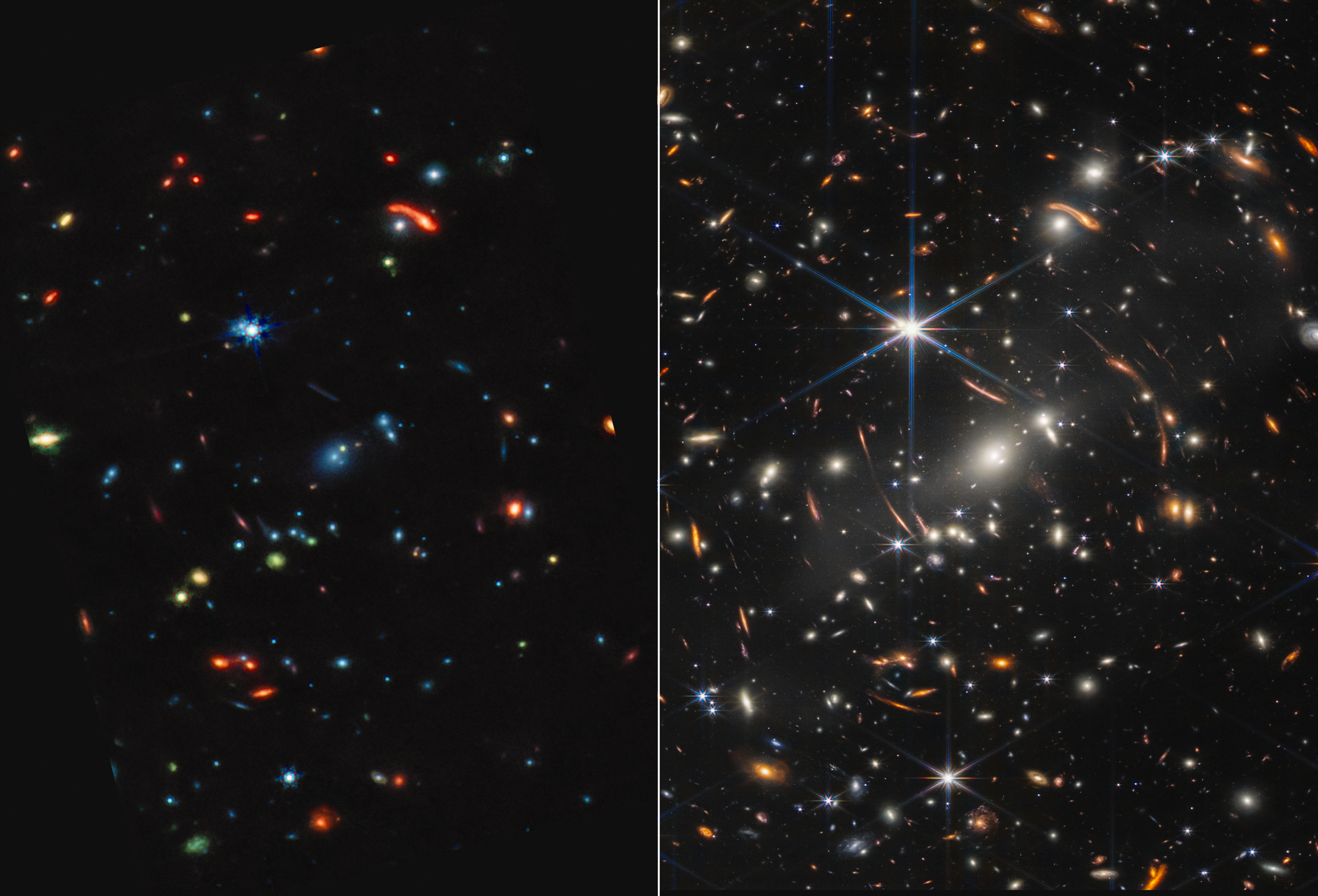 Mid-infrared and near-infrared images of the galaxy cluster SMACS 0723 shown side by side.