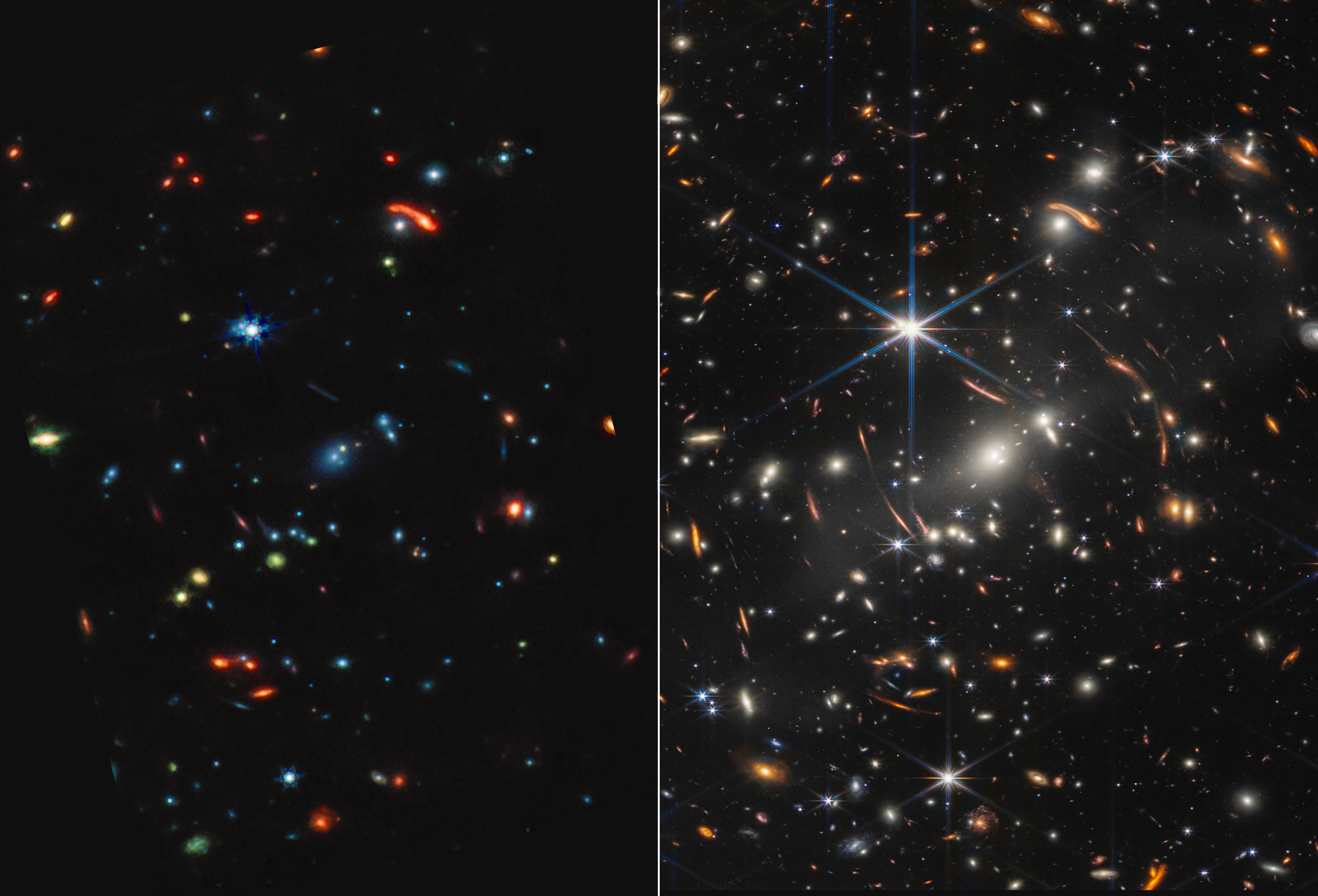Mid-infrared and near-infrared images of the galaxy cluster SMACS 0723 shown side by side.