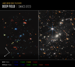 Mid-infrared and near-infrared images of the galaxy cluster SMACS 0723 shown side by side, with compass arrows and color scale.
