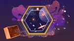 Illustration representing Webb science set to sound. At bottom left is a large electric guitar amplifier at a slight angle. Music notes emanate from the front of the speaker and drift across the frame. In the middle, superimposed on the starry background is a large hexagon representing various aspects of Webb Science: stars, planets, galaxies, nebulae, and black holes.