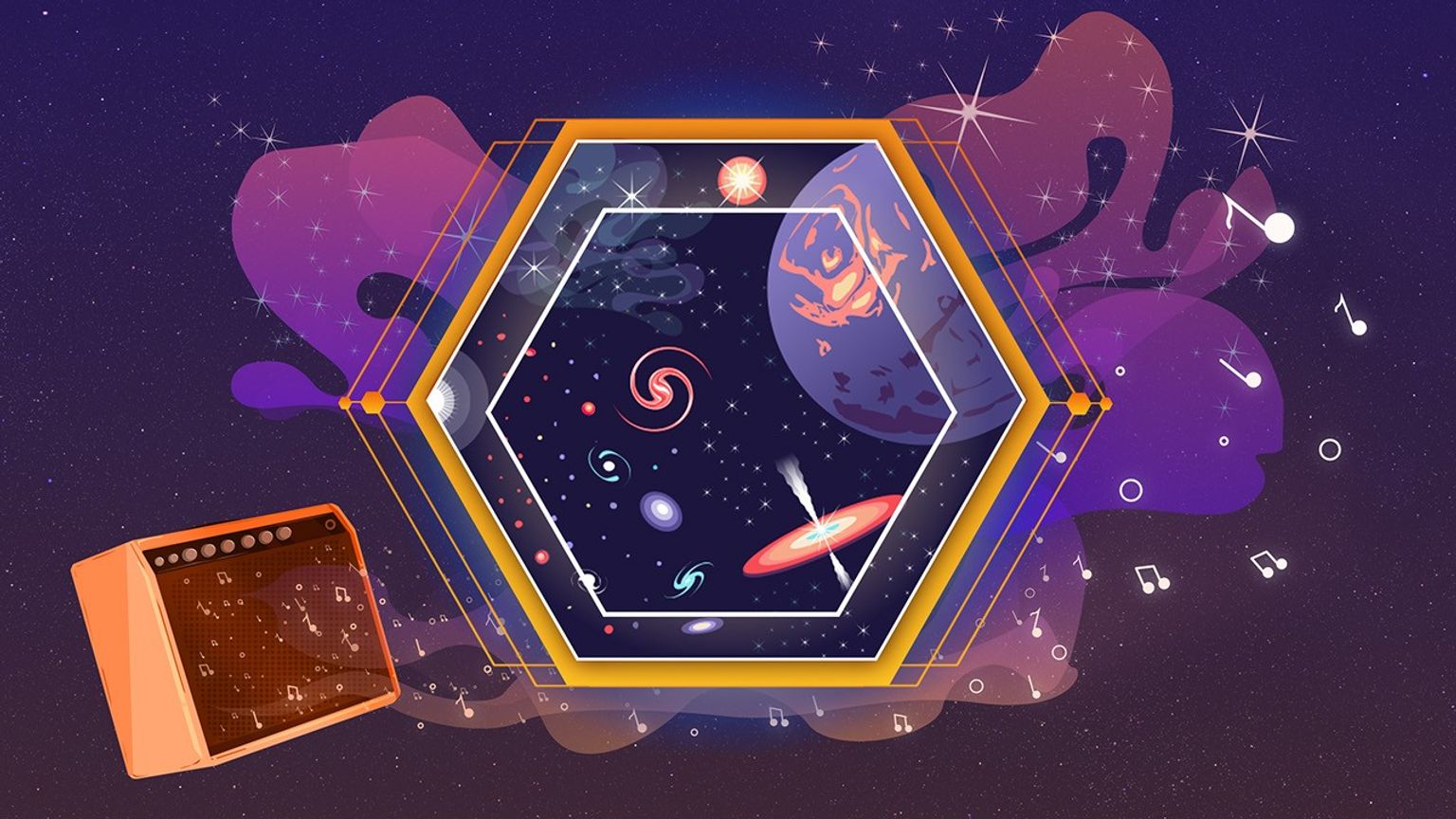 Illustration representing Webb science set to sound. At bottom left is a large electric guitar amplifier at a slight angle. Music notes emanate from the front of the speaker and drift across the frame. In the middle, superimposed on the starry background is a large hexagon representing various aspects of Webb Science: stars, planets, galaxies, nebulae, and black holes.