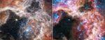 Two nebula images side by side with the same basic shapes and structures but different coloring and details. Image on left has tan clouds with rust-colored highlights, surrounding a black central area containing a bright cluster of sparkling pale blue stars that scatter outward from a densely packed center. One bright yellow star stands out in the central open area, with eight long thin points. The image on the right has clouds in the same basic formation but brighter and thinner. Areas are highlighted with bright blue, purple and ghostly pink. The bright cluster of stars is noticeably absent, with only a few blue specs remaining. One clump of cloud stands out bright blue in the cluster area- in the left-hand image it is less noticeable in the midst of the bright stars as a rust-colored cloud. The one star alone in the open area still stands out, but it appears small and blue, with its eight star points very small instead of elongated like in the left-hand image.