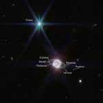 Image has a mostly dark background with one extremely bright point of light that dominates the upper left quadrant of the image and a glowing sphere towards the bottom middle of the image. The extremely bright point of light at the upper left of the image has 8 spikes pointing out from a center bright point like a compass. This is labeled Triton. The glowing sphere, is mostly white, almost neon, with a few extremely bright patches of methane-ice clouds. The glowing sphere is accompanied by several narrow, faint rings and 6 tiny white dots, which are Neptune's moons. They are labeled as Galatea, Naiad, Thalassa, Despina, Proteus and Larissa. Splattered throughout the mostly black background are about 10 small, dim circles of distant galaxies.