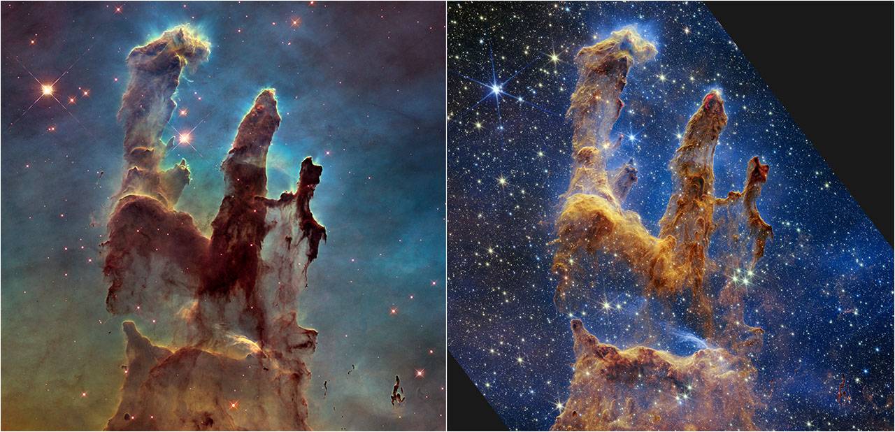 Two images of the Pillars of Creation, a star-forming region in space. At left, Hubble’s visible-light view shows darker pillars that rise from the bottom to the top of the screen, ending in three points. Webb’s near-infrared image at right shows the same pillars, but they are semi-opaque and rusty red-colored.