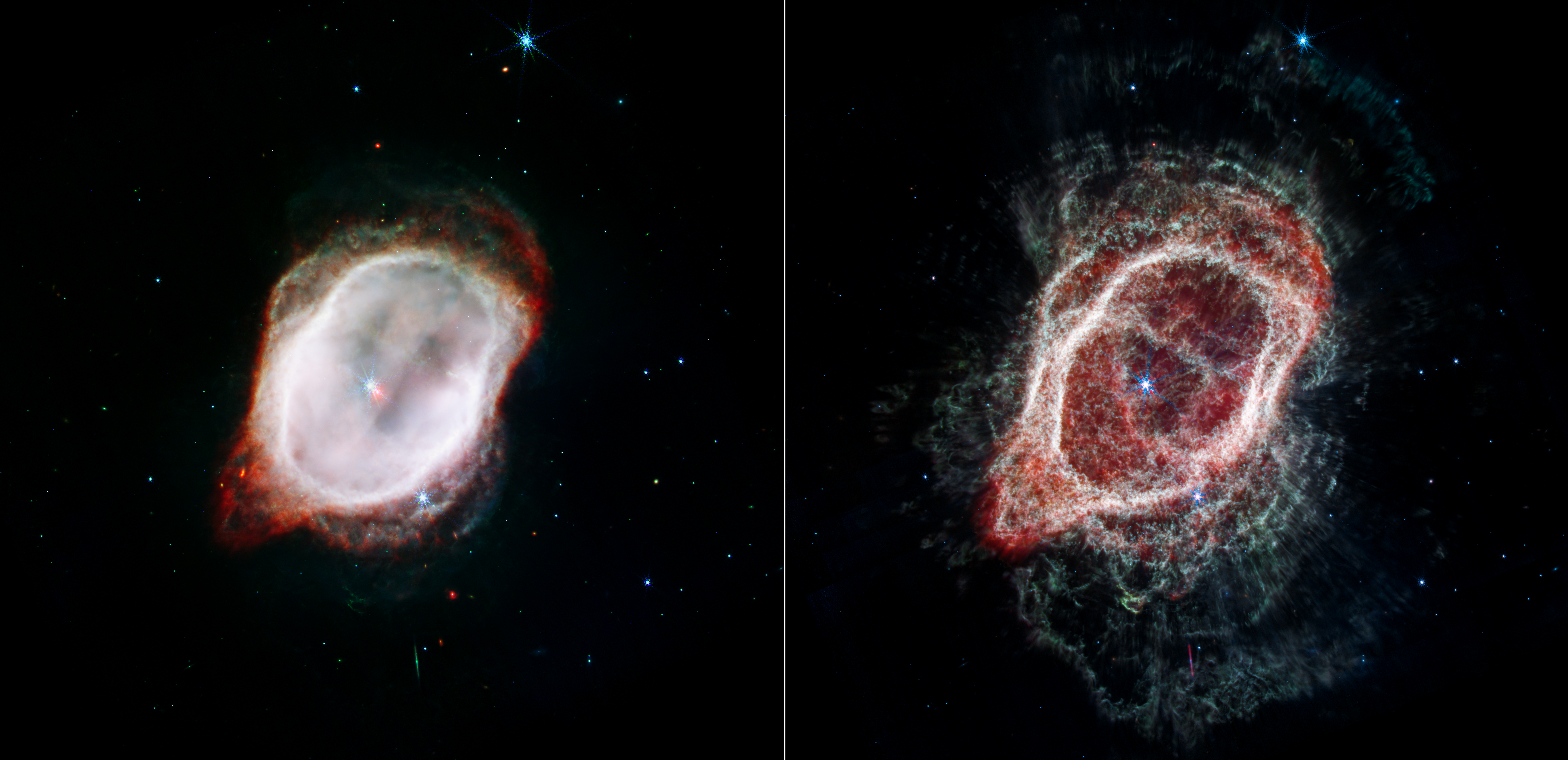 Two views of the same object, the Southern Ring Nebula, are shown side by side. Both show the planetary nebula as a misshapen oval that is slightly angled from the top left to the bottom right. At left, the image shows two stars that are almost overlapping at the center, and an almost solid white oval surrounding them. At right, the image shows one star at the center, a large translucent pink-and-red irregular oval, and wavy patterns that extend all around the edges.