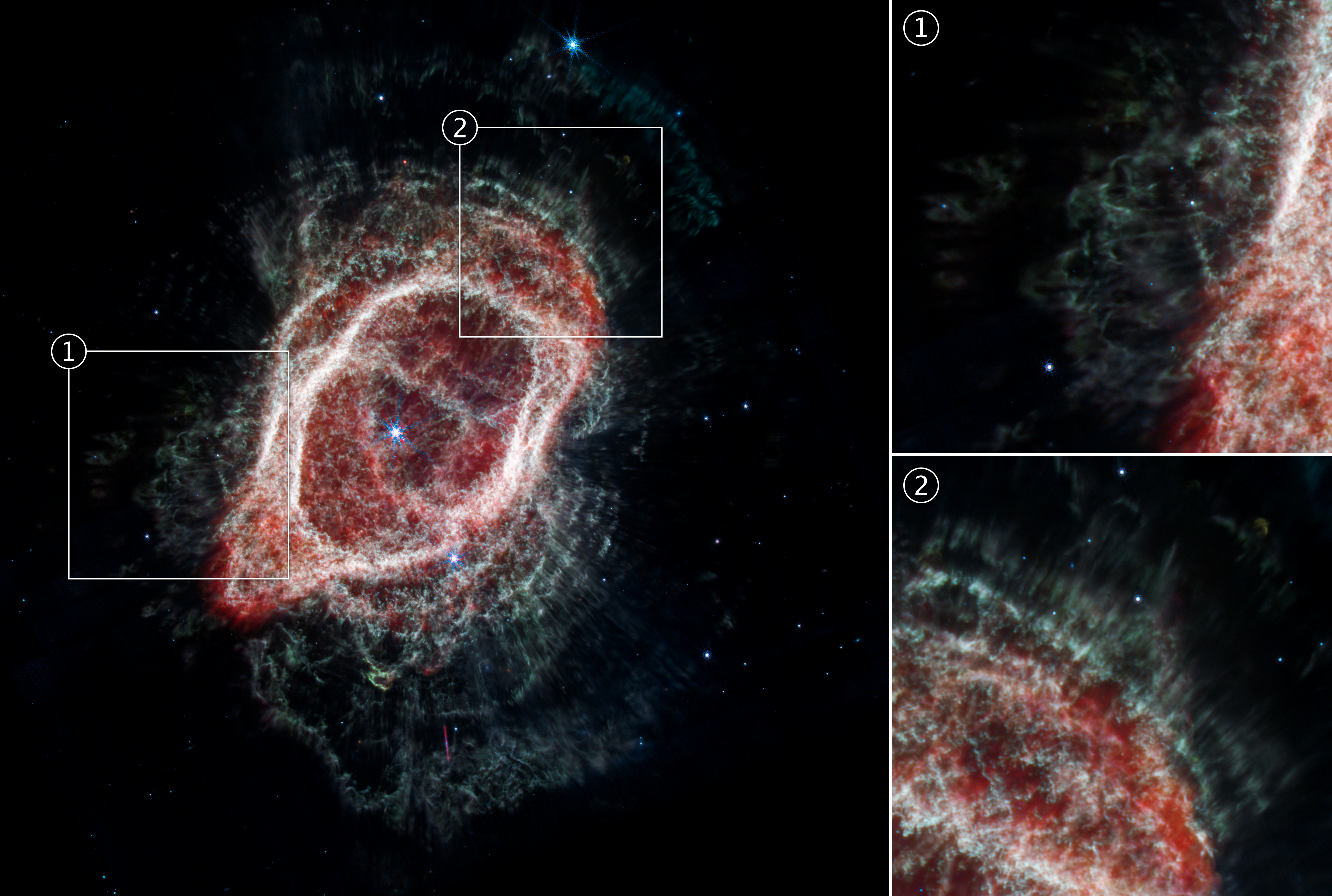 The Southern Ring Nebula is shown at left with two large boxes overlaid. The first highlights a portion of the image toward the left side, which appears larger top right. The second highlights an area at bottom right, which is shown larger at the bottom right panel. The first panel highlights shorter green spokes that look fluffy and less line-like. The second panel shows pink in the top left, but lots of straight, semi-transparent green lines extending to the bottom right.