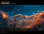 Image titled James Webb Space Telescope, Carina Nebula, NGC 3324 with compass arrows, scale bar, and color key. Image shows bright eight-pointed stars scattered across a dense orange-brown undulating cloudscape below a deep blue starscape. At the bottom left are compass arrows indicating the orientation of the image on the sky. The north arrow points in the 4 o’clock direction. The east arrow points toward 1 o’clock. At the lower right is a scale bar labeled 2 light-years. The length of the scale bar is a little less than one-eighth the total width of the image. Below the image is a color key showing which NIRCam filters were used to create the image and which visible-light color is assigned to each filter. From left to right, NIRCam filters are: F187N is blue; F444W is green; and F470N is red.