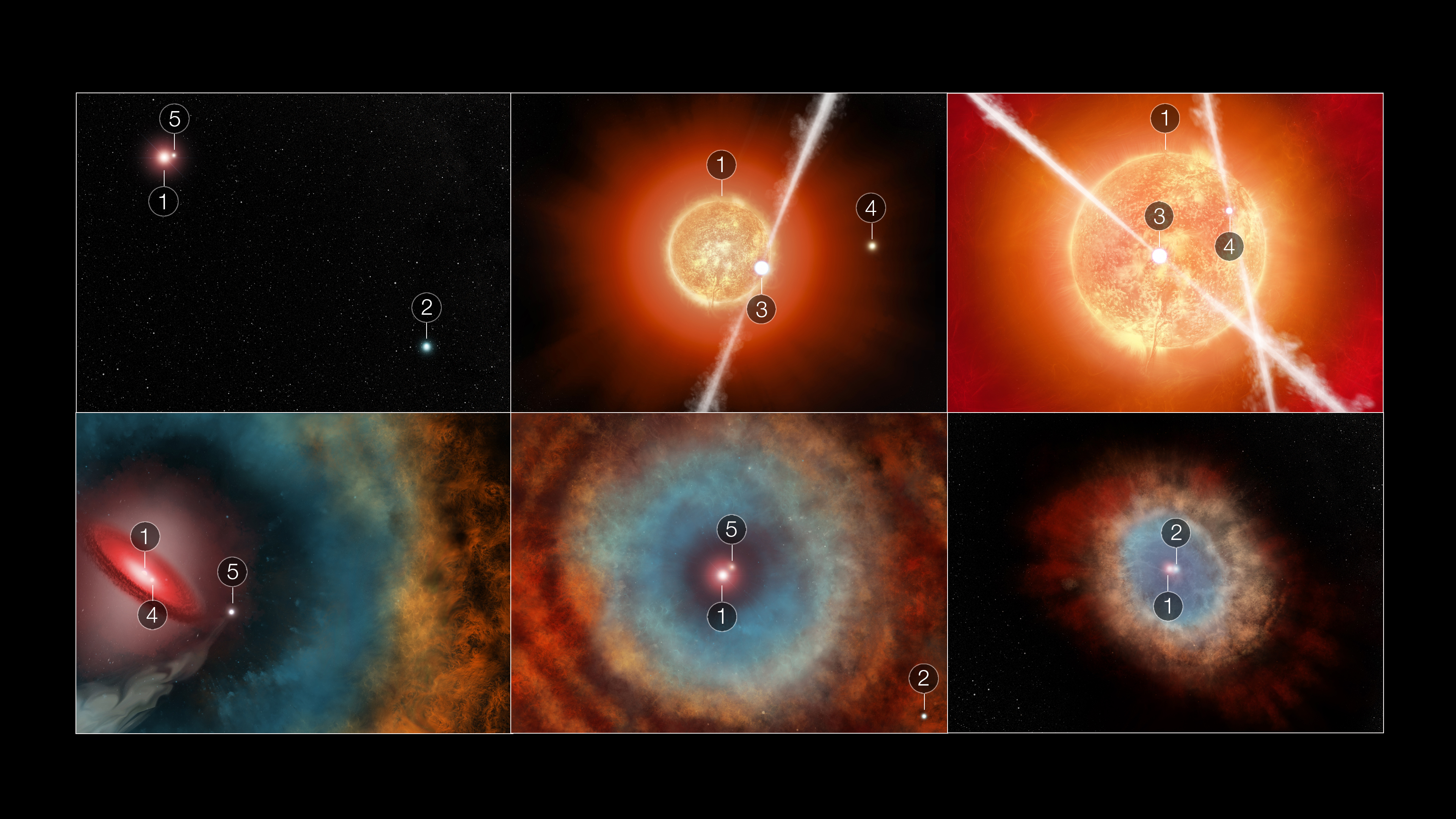 Six-panel illustration depicts the interactions among five stars that may have helped make the shapes in the Southern Ring Nebula. For more details, download the Text Description.