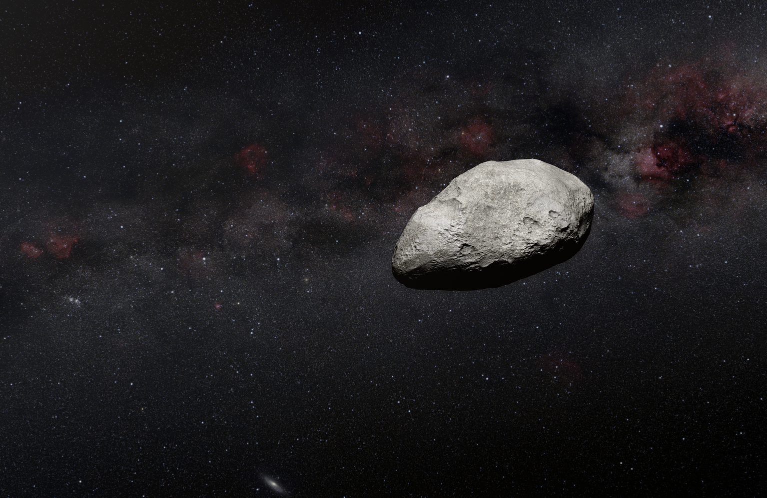 Illustration of an irregularly-shaped grey asteroid against the dark background of space.
