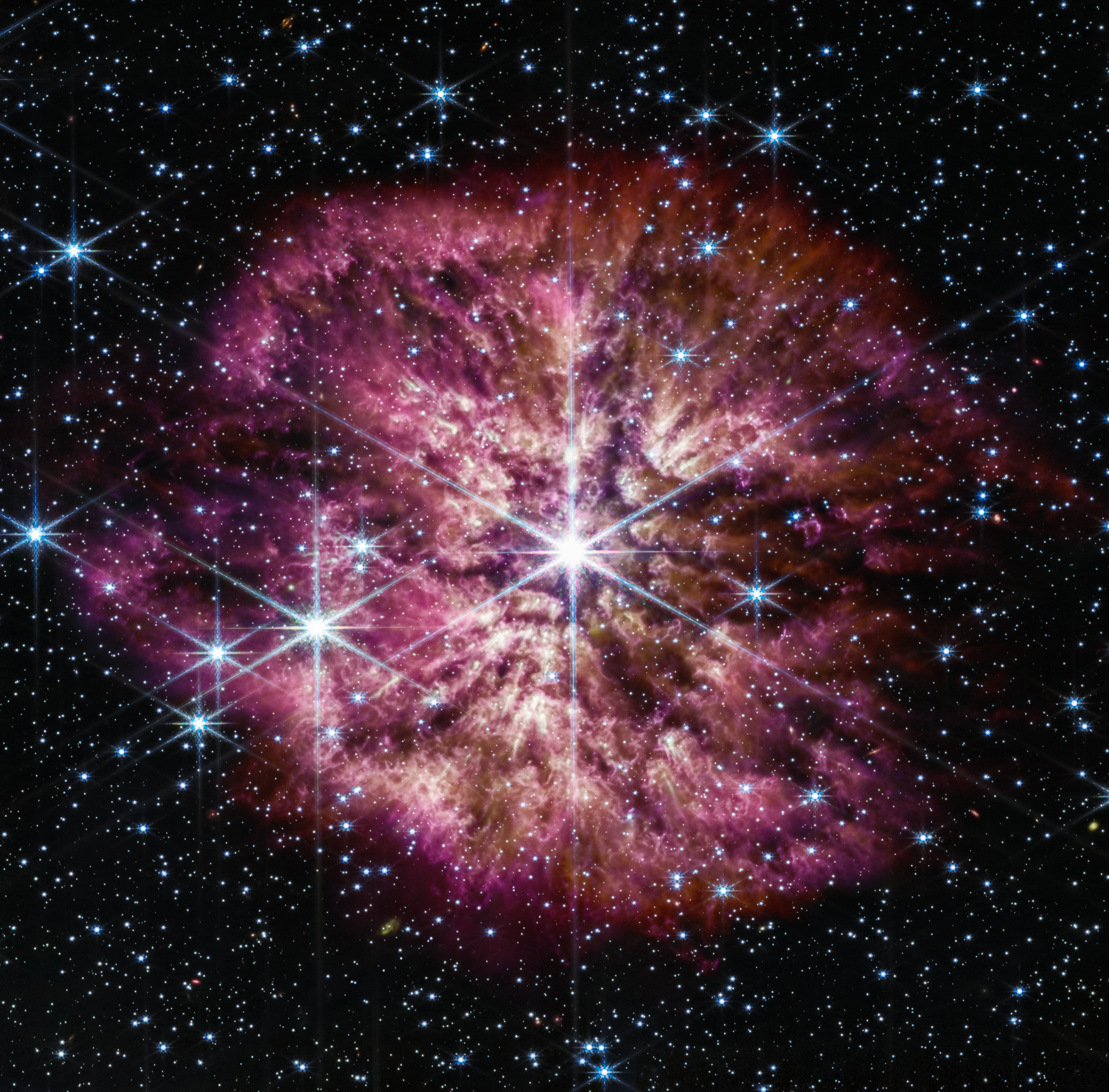 A large, bright star shines from the center with smaller stars scattered throughout the image. A clumpy cloud of material surrounds the central star, with more material above and below than on the sides, in some places allowing background stars to peek through. The cloud material is yellow closer to the star, and turns purple at its outer edges.