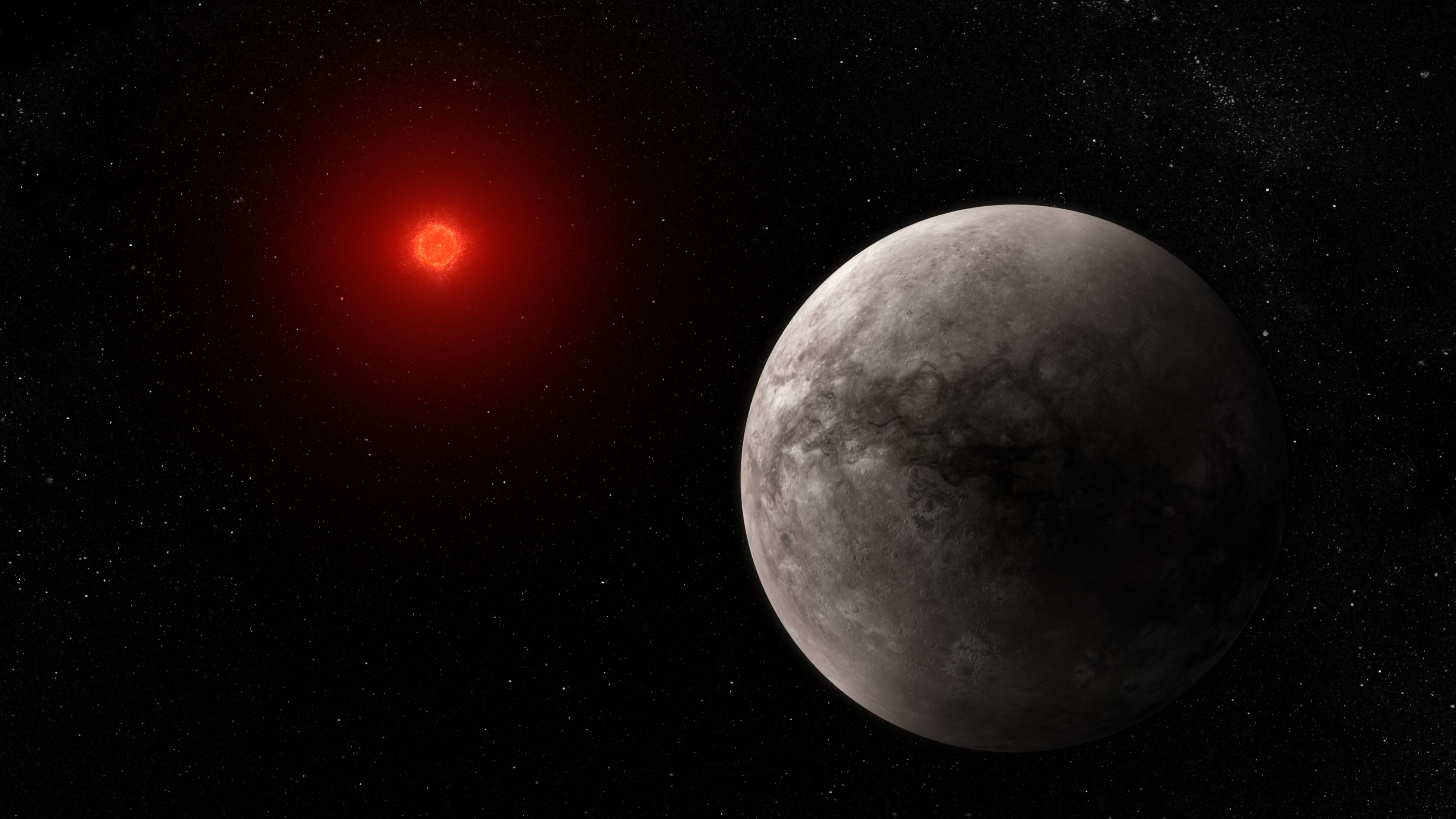 Illustration of a rocky exoplanet and its active red dwarf star.