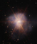 Two spiral galaxies in the process of merging, Arp 220 glows brightest in infrared light, making it an ideal target for Webb.