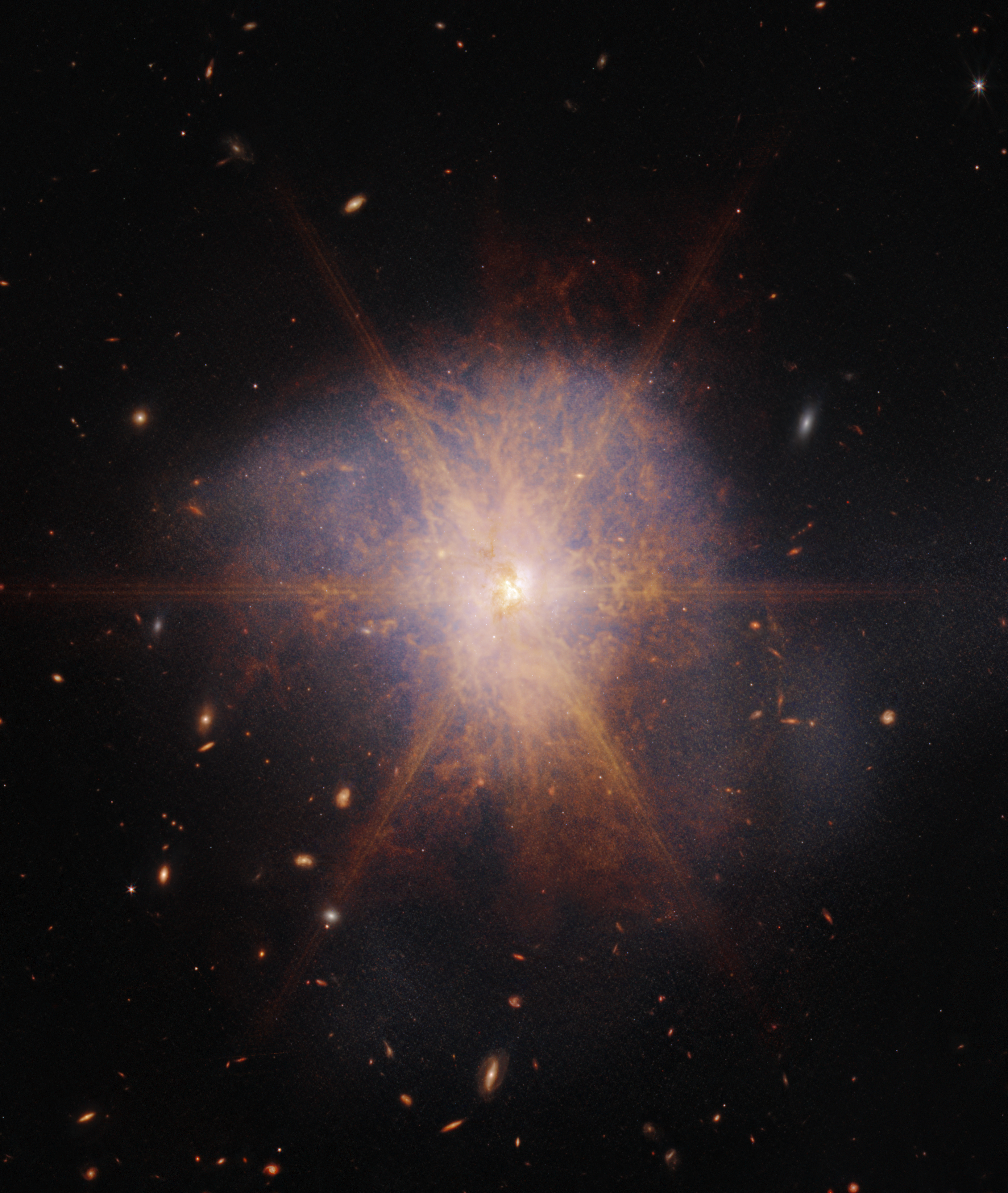 Two spiral galaxies in the process of merging, Arp 220 glows brightest in infrared light, making it an ideal target for Webb.