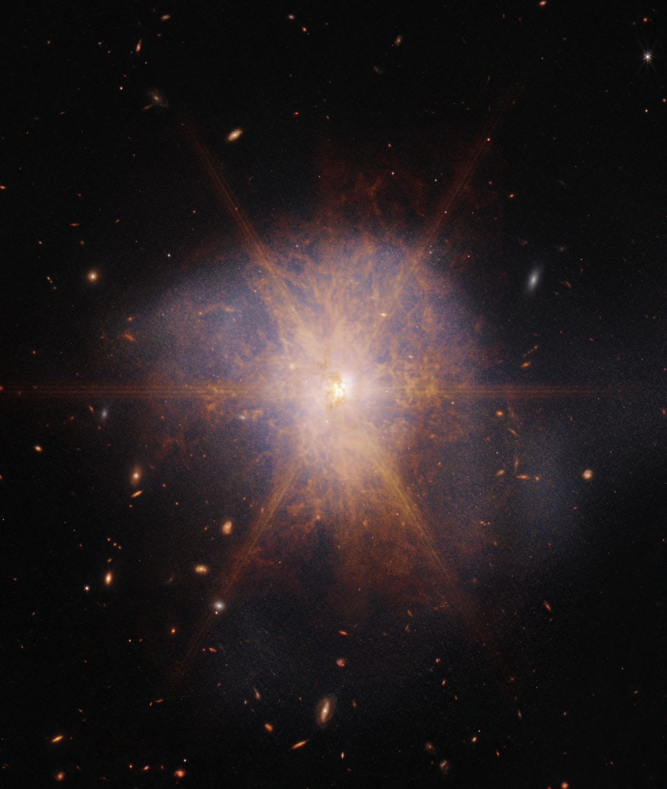 Two spiral galaxies in the process of merging, Arp 220 glows brightest in infrared light, making it an ideal target for Webb.